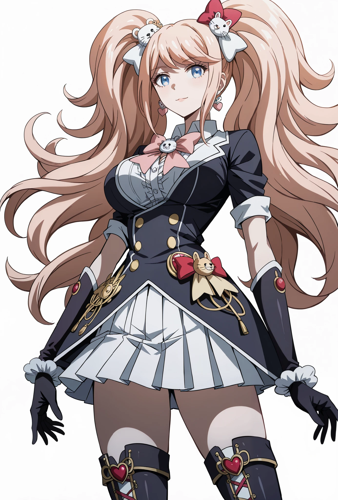 score_9, score_8_up, score_7_up, source_anime, 4K,perfect fingers,(perfect hands, perfect anatomy),prefect lighting, very aesthetic, intricate details,highly detailed background, masterpiece, high quality, best quality,
1girl, junko enoshima, long hair, bangs, blue eyes, pink hair, hair ornament, twintails, bear hair ornament, Large Breast,
wearing ((magical girl costume, White pleated skirt with trim lines、long gloves, thigh-high stiletto heel boots with gold molding, )),
Standing, A sagging breast, ((White plain background:1.5)) , looking at the spectator,