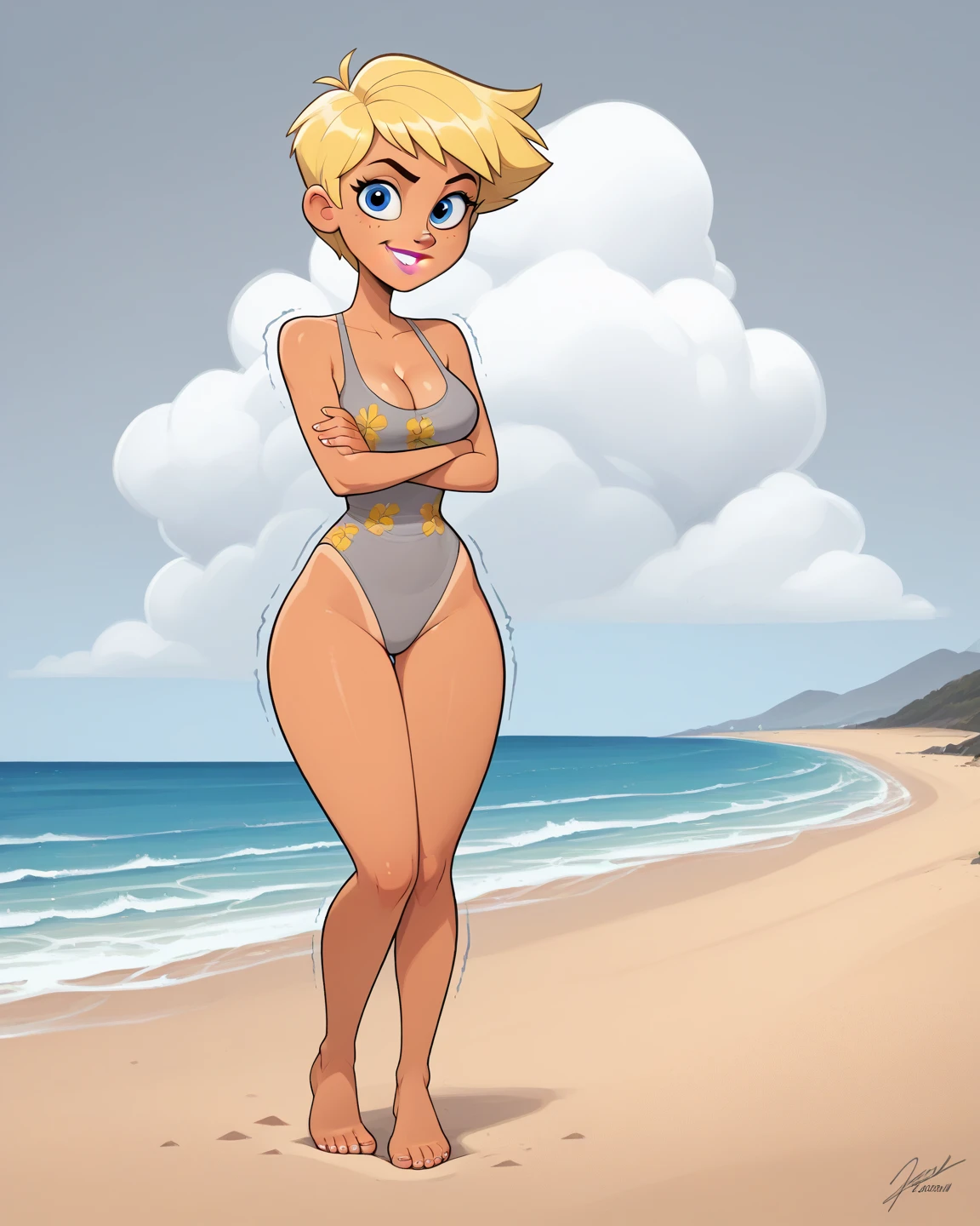 score_9, score_8_up, score_7_up, score_6_up, score_5_up, score_4_up, (Source furry), (rating nsfw), 1girl solo, outdoors, beachfront, looking at viewer, detailed,  rear view, topless, standing, wiggling her bottom, full view, legs, purple heels, white panties, hula dance, no top, big butt, thicc, beach, blonde hair, panties down, pussy lips, singing, shimmying her hips, eyes closed