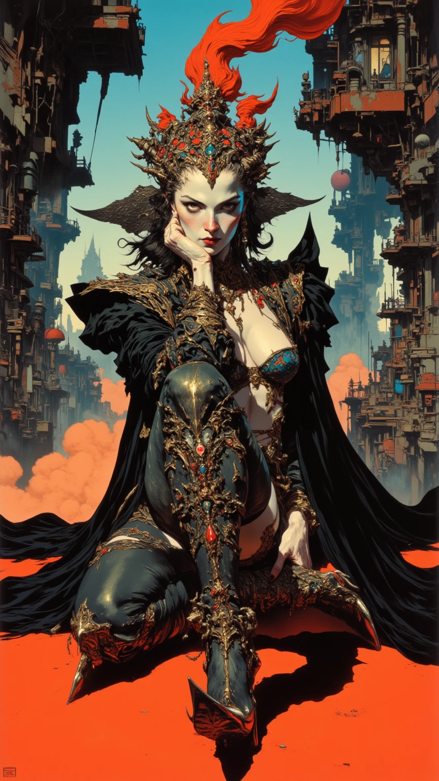 Make a tarot card style picture, a cat demon, evil, sexy, villain, enchanting, insidious, facial animation a little, don't be too real, face repaint, cat ears, cat lady with cat ears, surrounded by a lot of kittens, cat cats