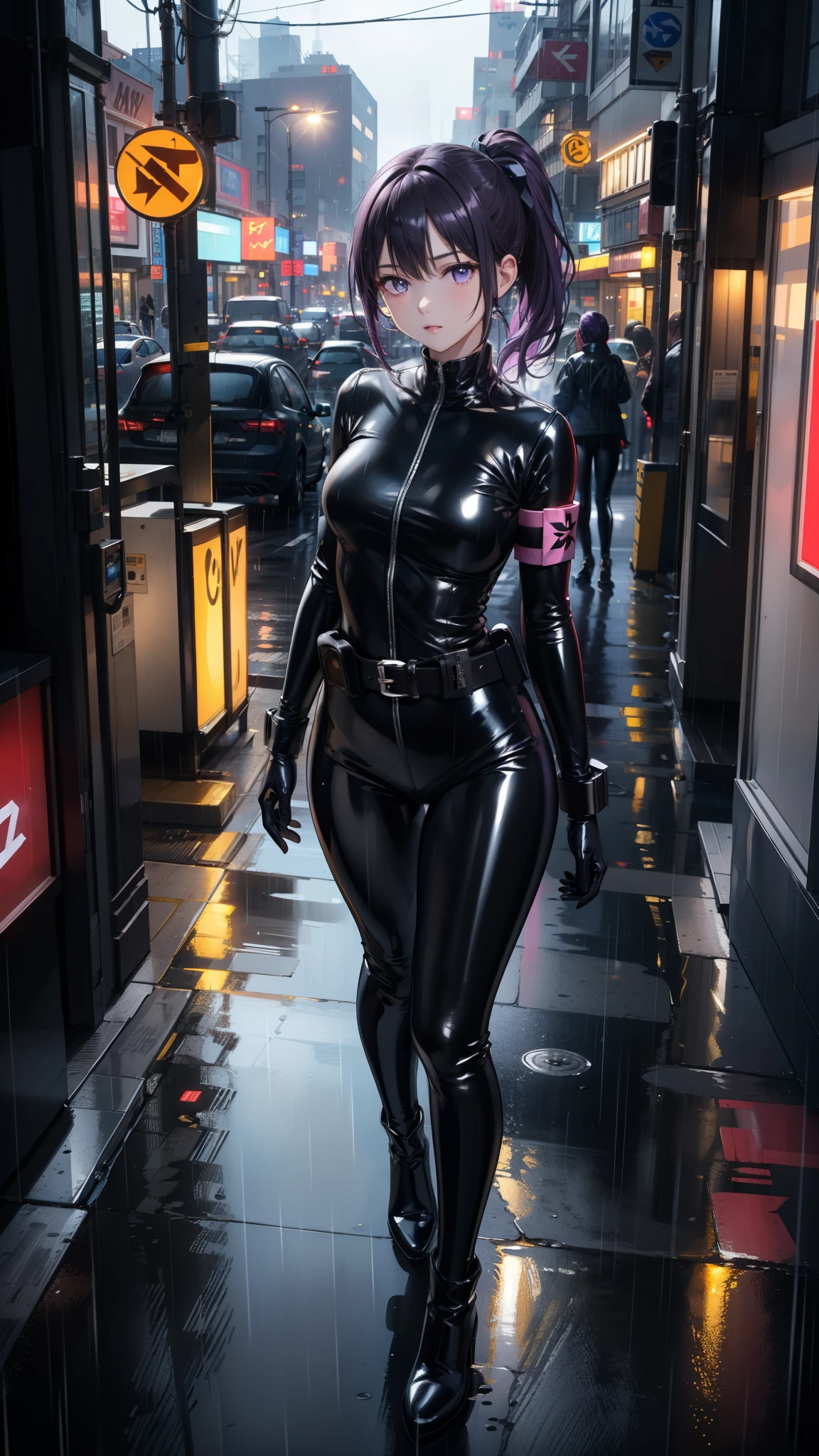 (Masterpiece, better quality, Detailed), a girl, Alone, seen from above, looking at the spectator, ojos Detaileds, purple eyes shirt, purple hair short ponytail, Love, Medium breasts, ((black latex bodysuit)), (black gloves, ((shiny black leggings)), black boots, armband, al aire libre, city, cyberpunk, (rain), contrasted, legs apart,  belt,  belt pouch, night, city lights, Neon lights, street, auto, people, 