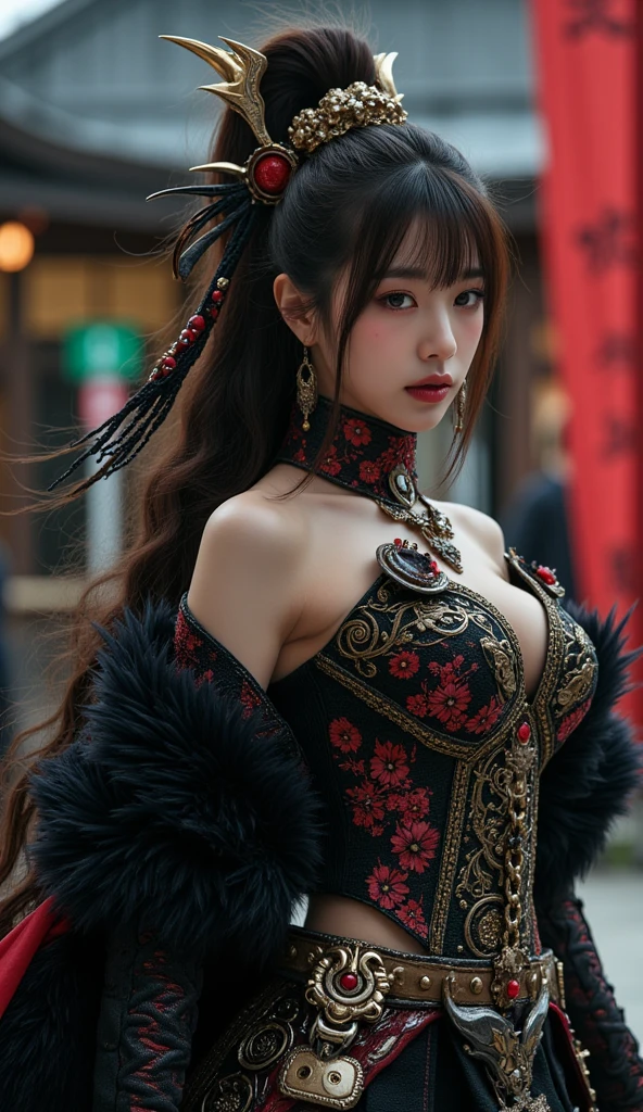 Highest quality, masterpiece, Ultra-high resolution, (Real: 1.4), Original photo, 1 girl, Black Hair, Glowing Skin, 1. Mechanical Girl, (超Real细节)), Portraiture, Global Illumination, Shadow, Octane Rendering, 8k,16K, Ultra Sharp, not a big deal, Bare skin is revealed through the cleavage, Metal, Intricate decorative details, More about Japan, Very intricate details, Real光线, CG Trends, Purple eyes, Glowing Eyes, Facecamea, Neon Details, Mechanical Limbs, Blood vessels connected to tubes, Mechanical vertebrae attached to the back, Mechanical fixation of the cervical spine, Sitting, Wires and cables connected to the head, Gundam, Small LED Light,