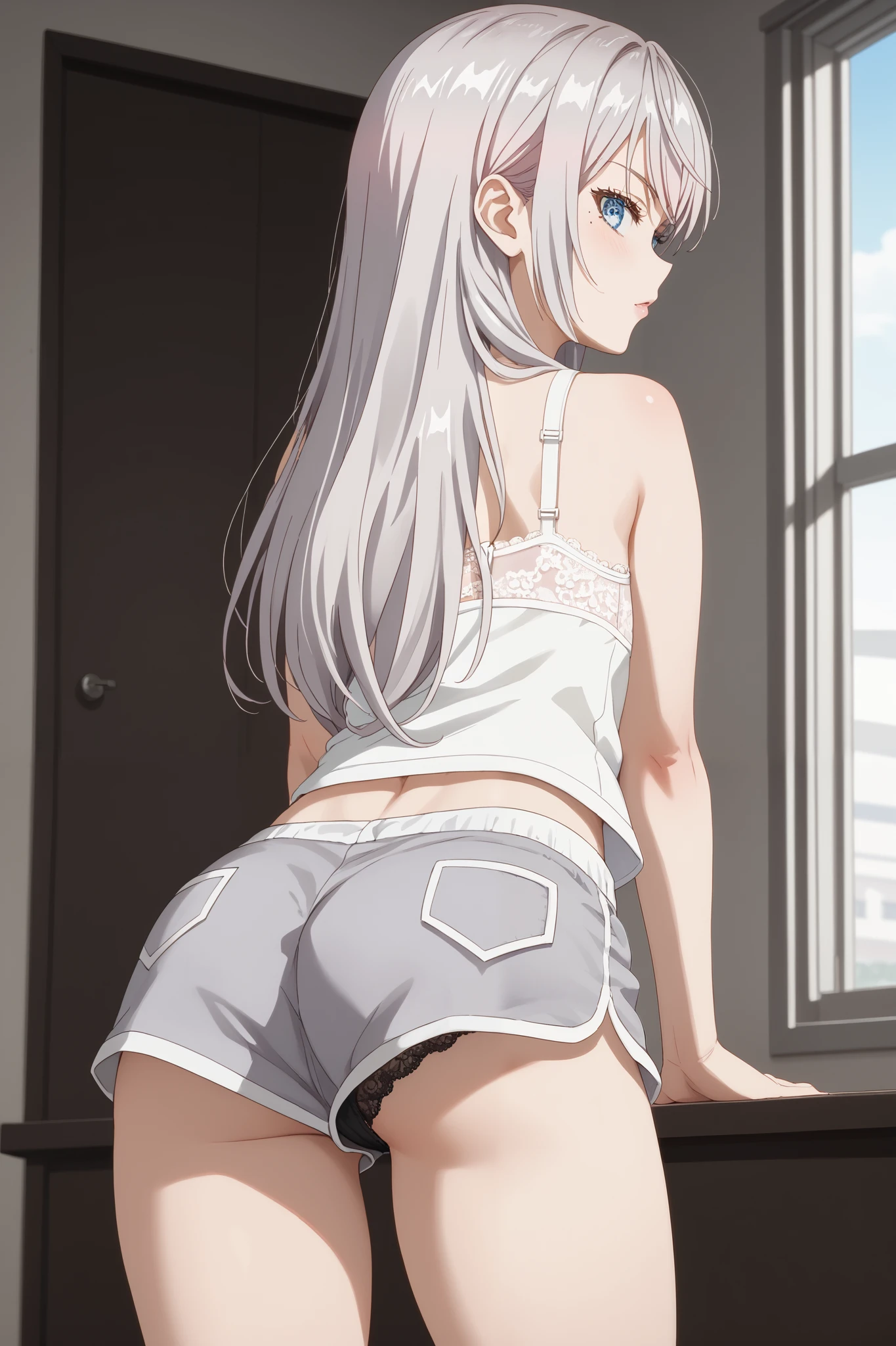 Alisa Mikhailovna ,,upshorts, looking at the black panties, white hair ,detailed blue eyes, camisa, lace bra, character with back, wide shorts showing panties,Short mole , black and white shorts ,very wide shorts,shorts pijama,shorts with small curved segments,long hair,loose shorts showing most of the panties,short pajamas,Very short punched shorts