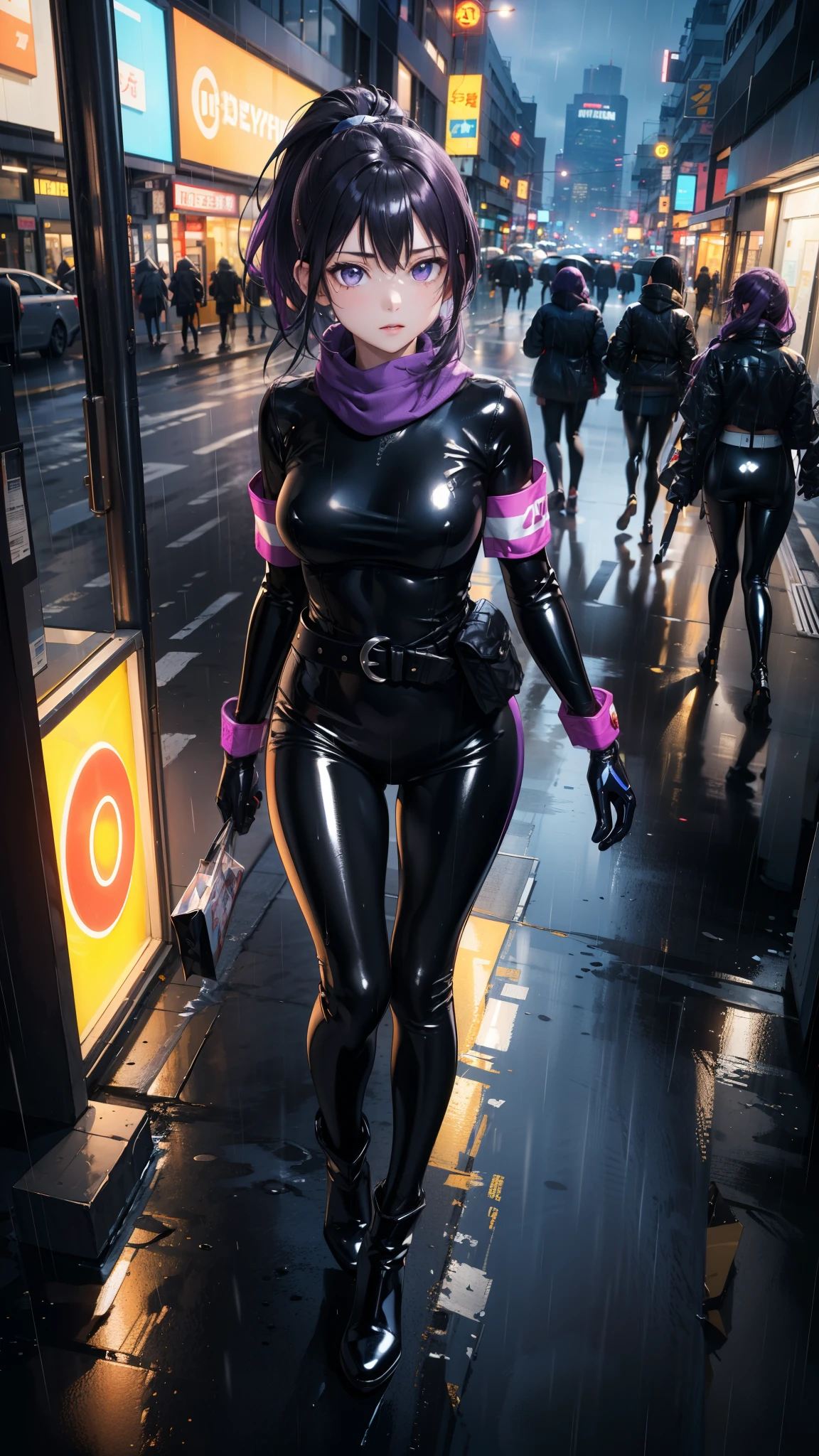 (Masterpiece, better quality, Detailed), a girl, Alone, seen from above, looking at the spectator, ojos Detaileds, purple eyes shirt, purple hair short ponytail, Love, Medium breasts, purple scarf, ((black latex bodysuit)), (black gloves, ((shiny black leggings)), black boots, armband, al aire libre, city, cyberpunk, (rain), contrasted, legs apart,  belt,  belt pouch, night, city lights, Neon lights, street, auto, people, 