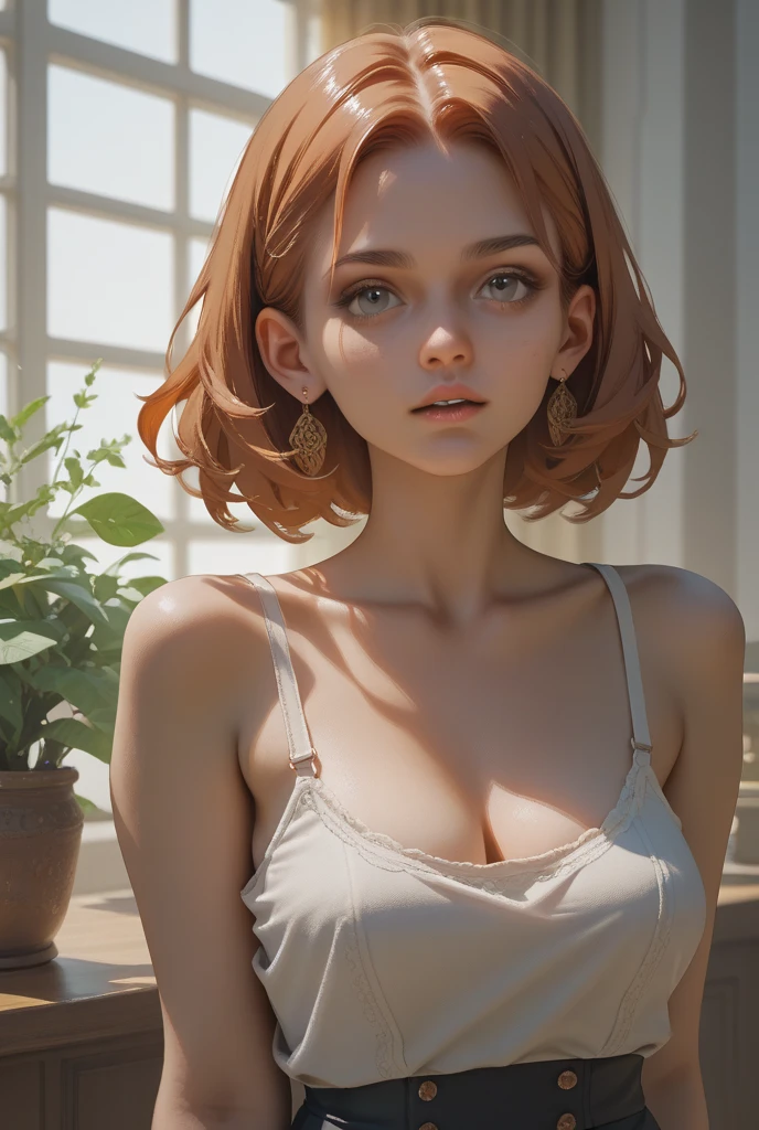 1woman, short red hair , eyes , sly face , pretentious smile , No sprain ,Tight breasts l'one against one'lain , ventre, breasts small, elongated legs , squat..., delicate and sexy (clavicle:1.3),natta, humida (sweaty, soggy), on top of the bed, No sprain, Unclothed, position on all fours, point of view