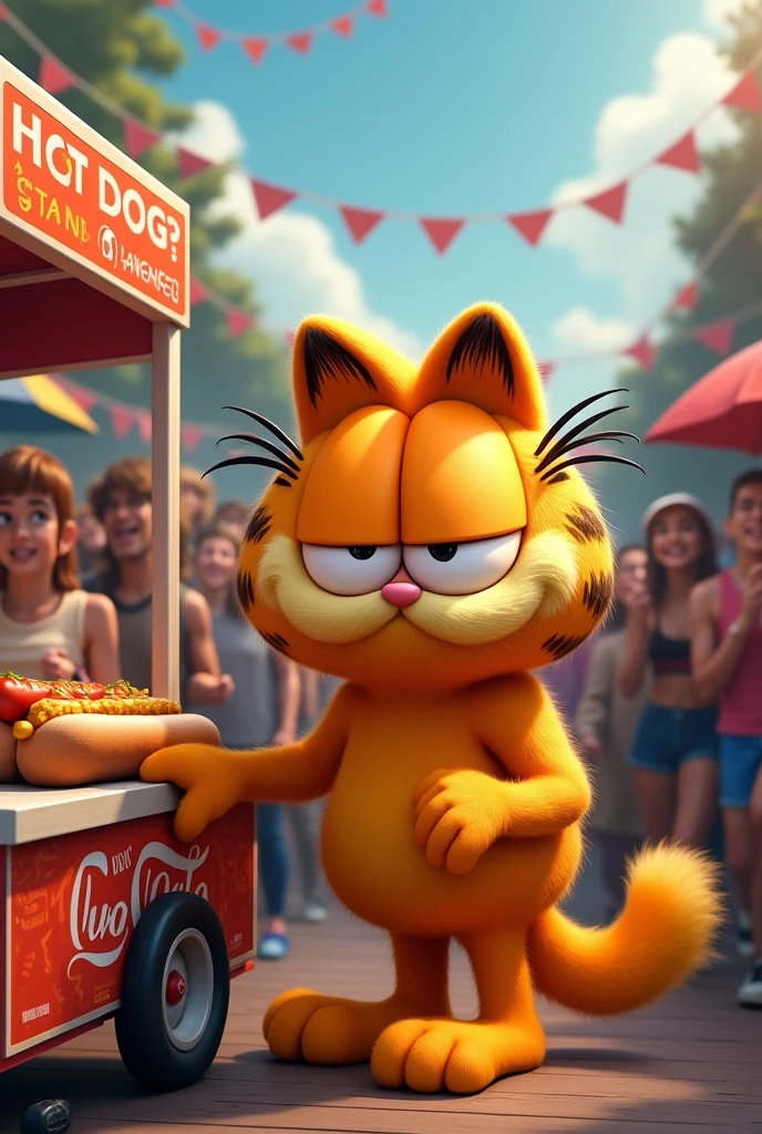 Garfield cat selling hot dogs outside a concert.