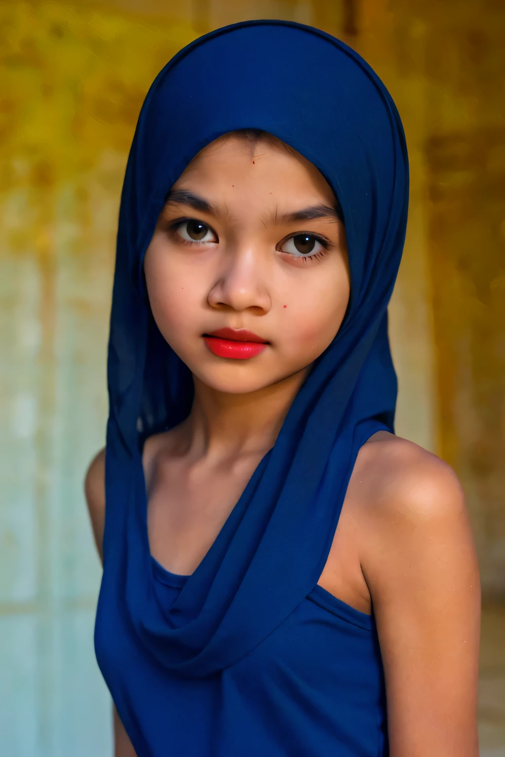 ((I am fifteen years old)), (thin Skinny), green fluorescence Strapless Jumbo (Fatty), adorable, (1 girl), (face to face), , baby face, sad, half body portrait, (face details: 1), (eye details: 1), ((small breasts Solid:1.54)). wearing translucent (transparent) transparency (soft short t-shirt cropped) , hijab, .. Cute posed. proportional body. Ultra High Res. realistic: 1.4, UHD, view from side seductive pose, (viddinillah:1.3), (red Lipstick:1.2), (sad face expressions:1.3) (LITTLE SMALL GIRLS), LITTLE SMALL GIRLS, LITTLE SMALL GIRLS, (shine dark black tone skin:1.7), (round cheeks:1.7)