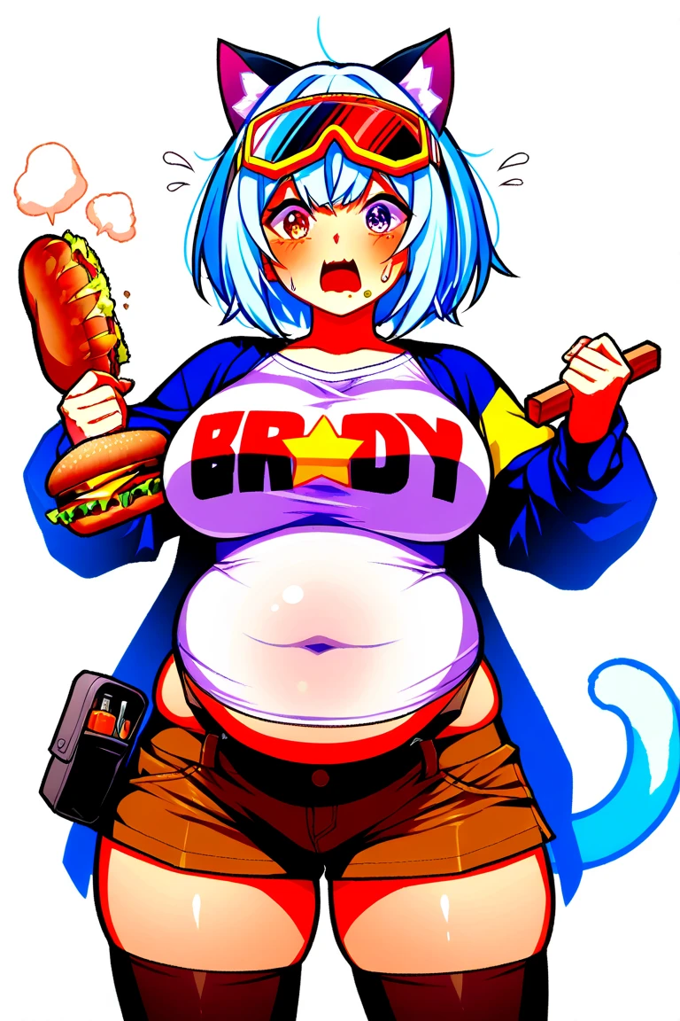 My hero Academia style, Mt Lady from My Hero Academia, smile, squinted eyes, blushing, large waist, large , long tongue, licking a popsicle, sweaty, colored