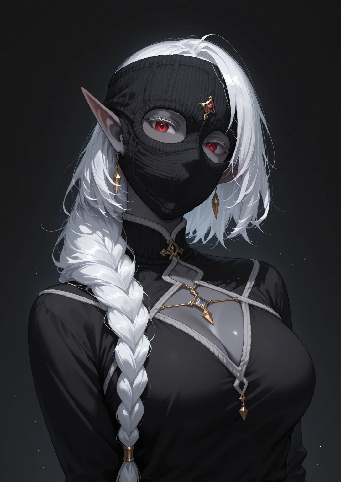 White elf girl, dark grey hair color, very long flowing hair, grey eye color, small eyes, realistic human eye shape, round eye shape, eyeliner, realistic face shape. black lace low cut lace shirt, portrait, wearing a black hood, black background, chest showing, NSFW, Depth of Field. looking at camera, dreamy look detailed eyes, detailed face, detailed skin, Ultra Detailed, Beautiful and Aesthetic, Masterpiece, Best Quality, shoulders showing. lace fabric, round chin shape. wearing black hood over hair. showing full upper body and face. wearing a black hood. hips showing, alot of flairs in background, zoomed out, hips exposed, black and gold. glowing, wearing a black lace face mask.