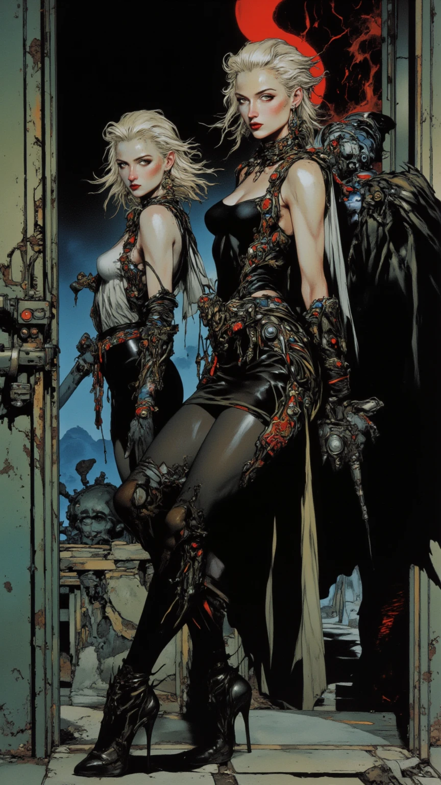 blonde girl, warrior, steampunk armor, marked , natural breastsing alongside a dragon in a bloody battle (art inspired by Bill Sienkiewicz). oil painting)