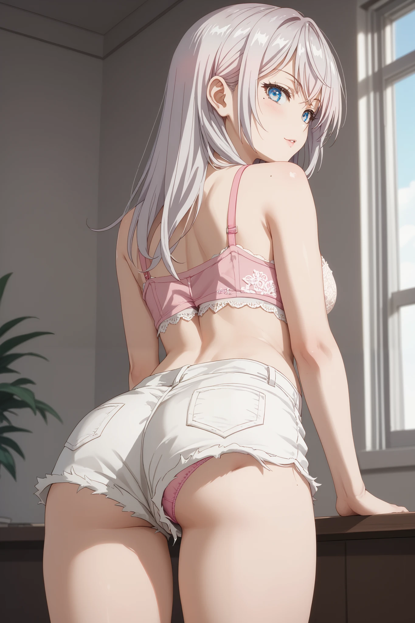 (((Angle from directly below))), Beautiful details, 16k, Absurd, masterpiece, Super detailed, beautiful girl, ((Detailed shiny detailed feminine shiny padded white panties backside)), One girl crouching, (((Panty Force))), From behind, Platinum Blonde Hair、Panty shot、Accentuate your butt、dress.naked.