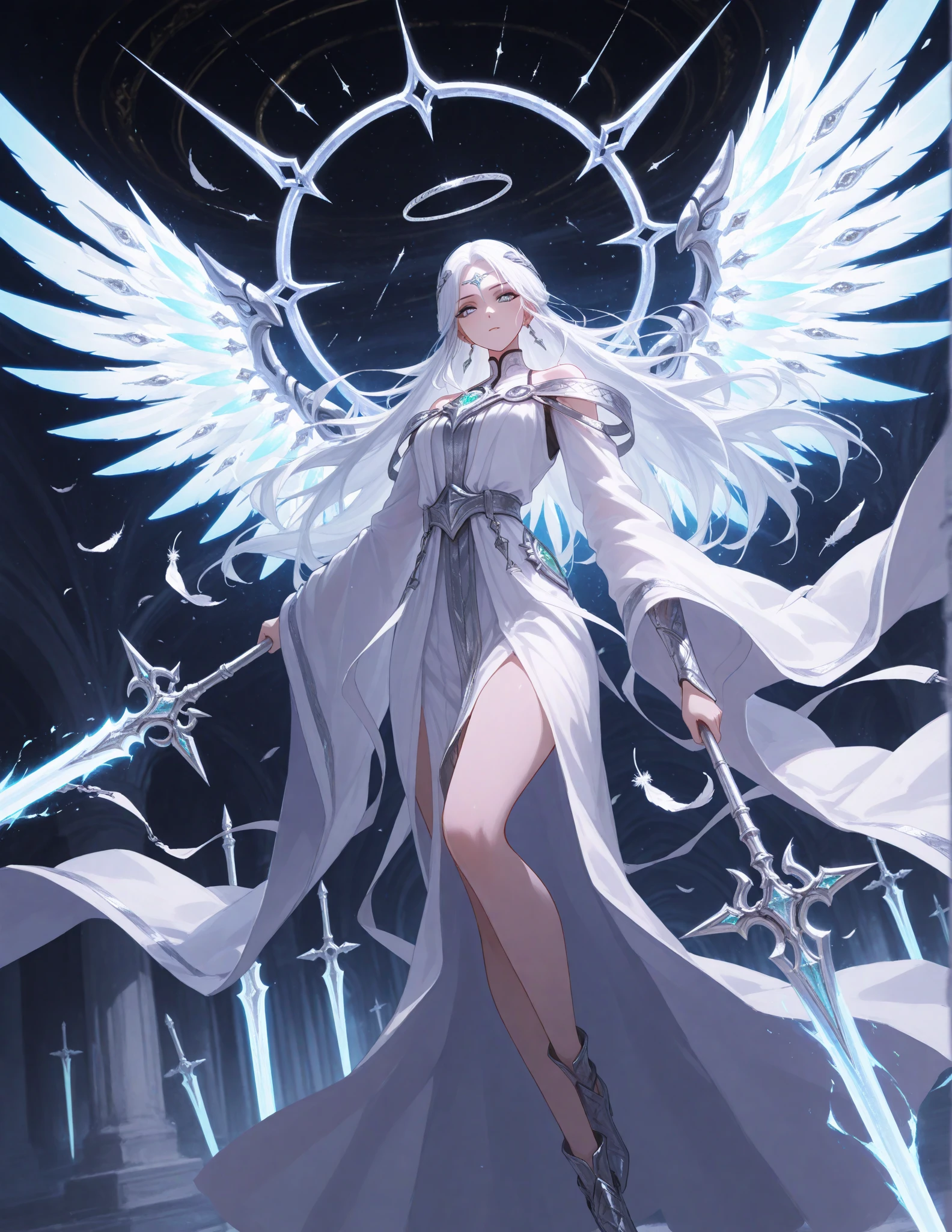 a magnificent angel with long white hair, bright wings, and a pure white robe, slicing the moon in half with a divine blade, dramatic lighting, cinematic, highly detailed, 8k, hyperrealistic, chiaroscuro, dramatic shadows, dramatic composition, dramatic lighting, dramatic atmosphere, moody, epic, fantasy, mystical, magical