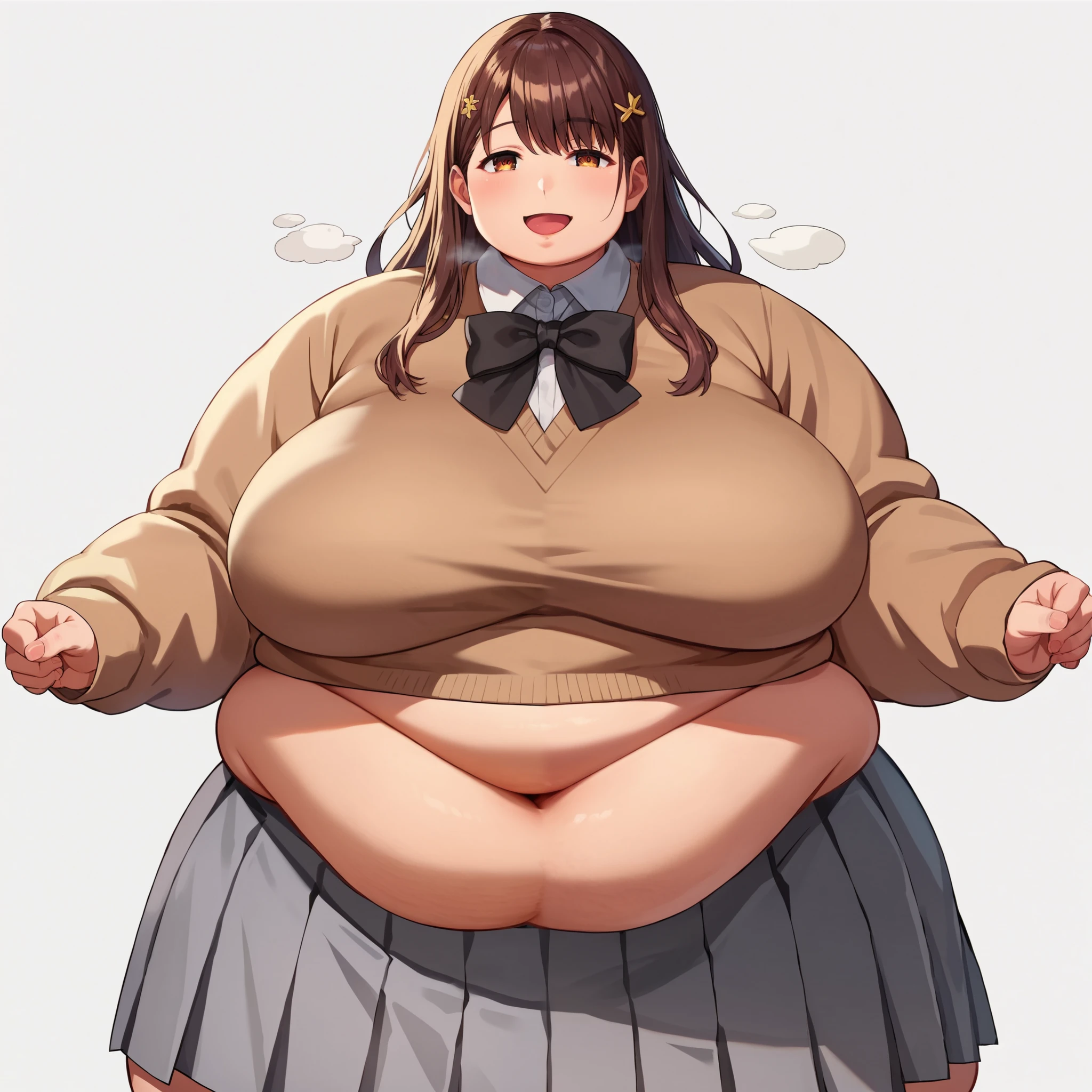 looking at viewer, obese 1girl, big eyes, long eyelashes, smile, skirt, very cute