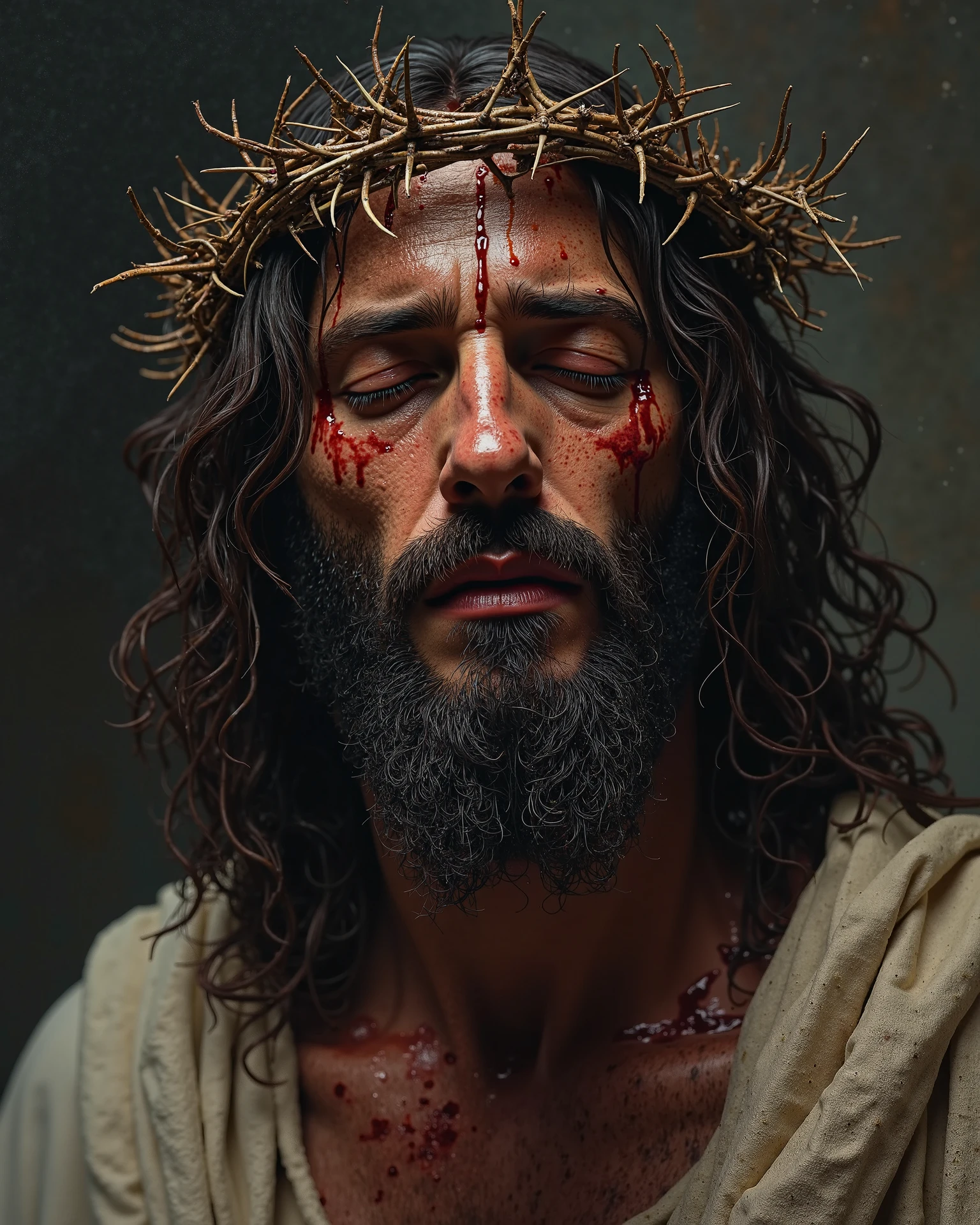 "Create an ultra-realistic, 8K resolution image of Jesus Christ, as depicted in the film The Passion of the Christ. He has a solemn and compassionate expression, with deep, sorrowful eyes. His face shows signs of suffering, with cuts, bruises, and dried blood, reflecting the intense emotions of the moment. A crown of thorns rests on his head, with thorns piercing his skin, causing droplets of blood to trickle down his forehead. His long, dark hair is tangled and slightly matted, and his beard is unkempt. The background is dimly lit, adding to the somber and powerful atmosphere, with soft light highlighting the details of his face and the crown of thorns."