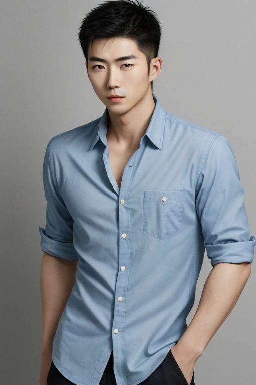solo , 1man , thai man , blue Button-down shirt with collar , black Long pants , happy