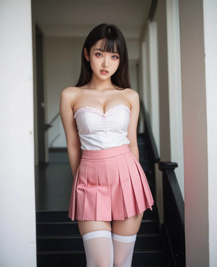8K, Ultra-high resolution, Highest quality, masterpiece, 三分割法によるphotograph,Surreal, photograph, 1 Girl, (16 years old:1.3), pretty girl, Cute face, Beautiful eyes in every detail, 細かくdetailedに,masterpiece,, One Girl:1.2, Japan Female Announcer,whole body, bondage, Suppressed, Harness, rope, Put your arms behind your back, Put your hands behind your back, Tight Skirt, School, corridor 、Knee socks, Attractive thighs, Sensual,A carefree smile,Heal the heart,Black Hair,Long Straight Hair,Looking at the audience、beauty,Long neck、Laugh a little、Please close your mouth and laugh、(((Ideal body type))),A cup small breasts :2,、Portraiture:2、Perfect Anatomy、鮮明なdetailed、detailed、Surreal、Light and shadow,Strong light