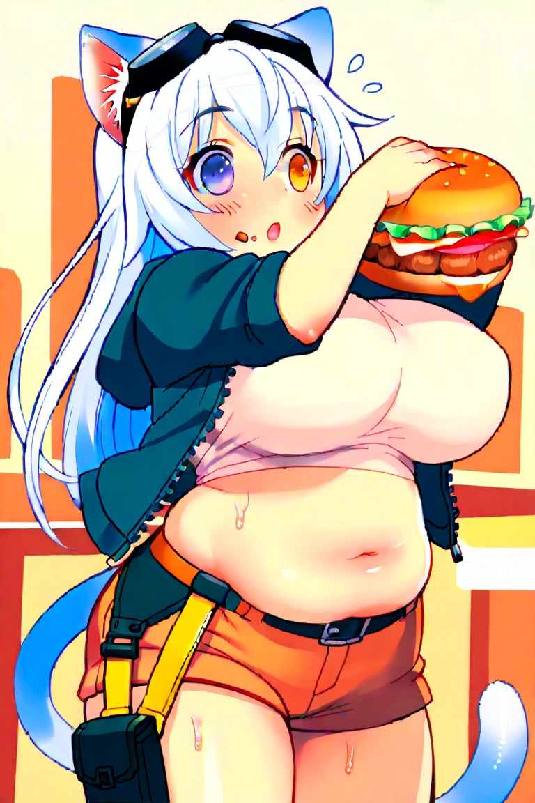 fat, large belly, standing, fat belly, very fat, large stomach, chubby, Aqua, Aqua Konosoba, very fat, safe for work, obese, giant belly, fat, huge, heavy, very fat, safe for work, fat, large belly, standing, grabbing belly, very fat, large stomach, chubby (best quality, masterpiece), sitting, table full of food and beer,