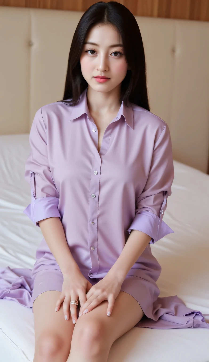 A beautiful woman,  Sit on the mattress,  shirt looks full body,   body facing front,  eyes looking at camera ,  use long tassels to the feet of satin material of purple color,  big ,  red lips,  black hair