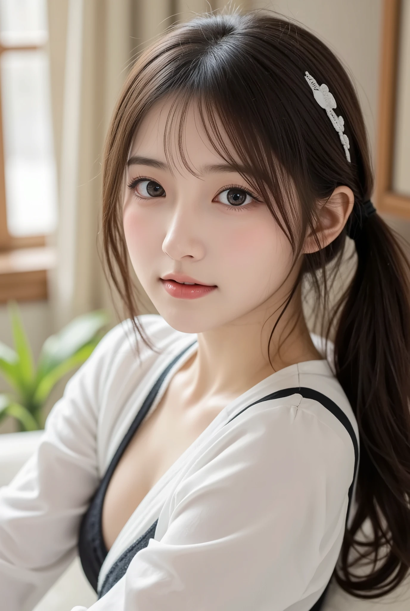 finely detail, hight resolution, hightquality、Perfect dynamic composition, Beautiful detailed eyes, Medium Hair, small tits、Natural Color Lip,Kamimei、Shibuya、20 years girl、1 persons、Transparent skin、Glowing hair、masutepiece, Best Quality, Illustration, Ultra-detailed, finely detail, hight resolution, 8K、The correct state of the human body、Randomly cute poses,Ponytail hair,beauty legs,Perfect beautiful face,KPOP Idol Face,Face that feels ecstasy,white t-shirt with open chest,Background blur,Randomly dress up as a model for a women's fashion magazine