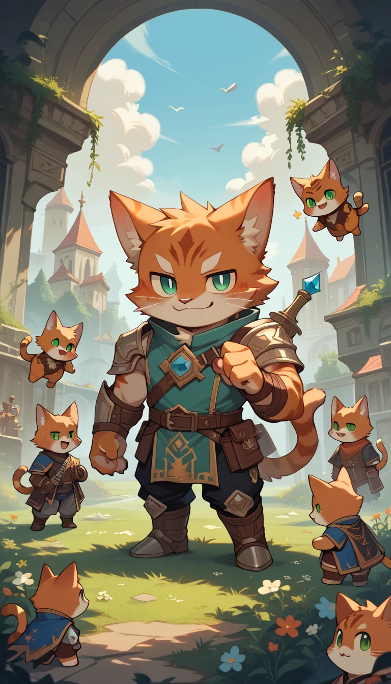 A high resolution,((best quality)), ((masterpiece)), kemono, solo (male orange cat), chibi, fantasy, necromancer, dark robe, green eyes, smile 