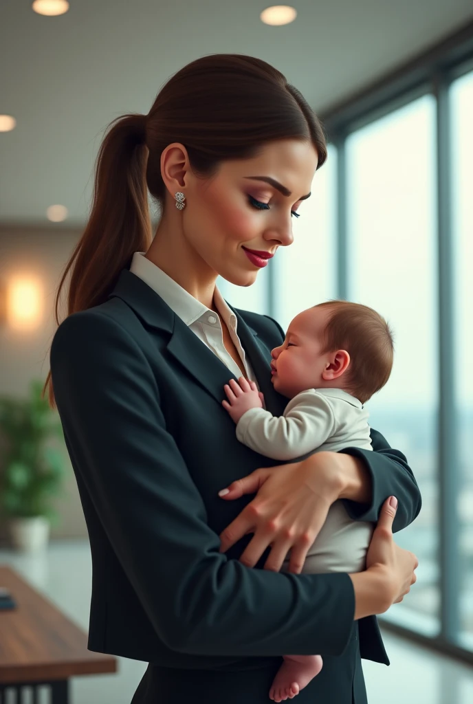 CEO woman with  baby girl and one employee man setting in the office with background company name '' BLUORANGE TRAVELS'' make sure its ''BLUORANGE'' not a blueorange and traveling posters al over the office in Pakistan 