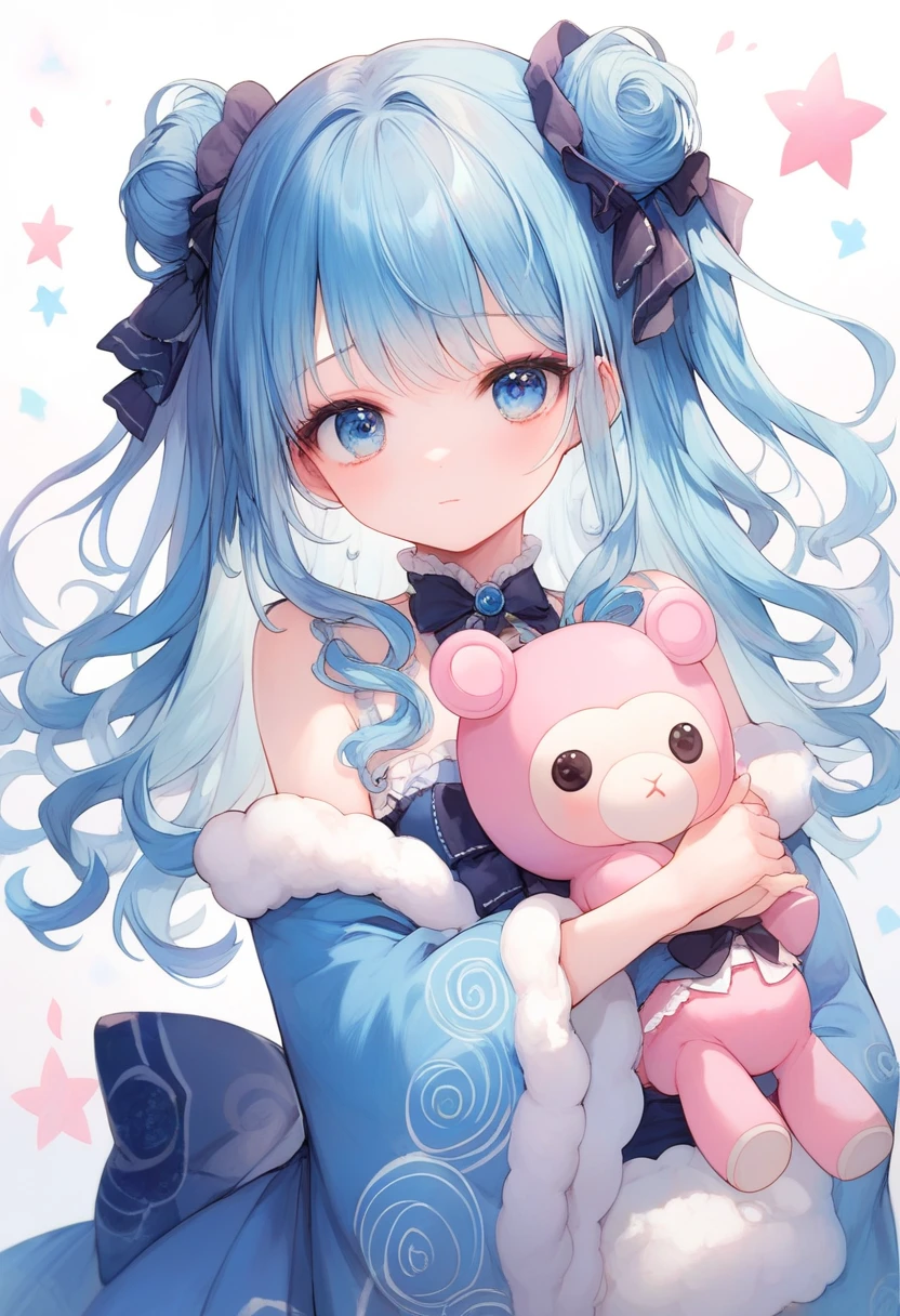 Bundles, like her older sister, has brown skin with typical black button eyes and pale pink cheeks. Her blue hair is a slightly lighter shade then her older sister's however, and she wears it up in tiny pigtails and straight cut bangs. Her pigtails are often hidden with the hood of her polar bear one piece outfit.

Bundles' outfit is very simple, consisting of a pure white polar bear themed footy pajamas with a small zipper down the front and a big strip of Velcro down the back. To match Mittens, Bundles wears a blue tulle skirt with a blue polka dot pattern.

Silly Hair Bundles wears a cute pink pajama outfit with slightly darker pink stripes and water blue lining at the neck, chest, and ends of sleeves. On the outfit are two single white buttons. SPARKLE; GLITTER;