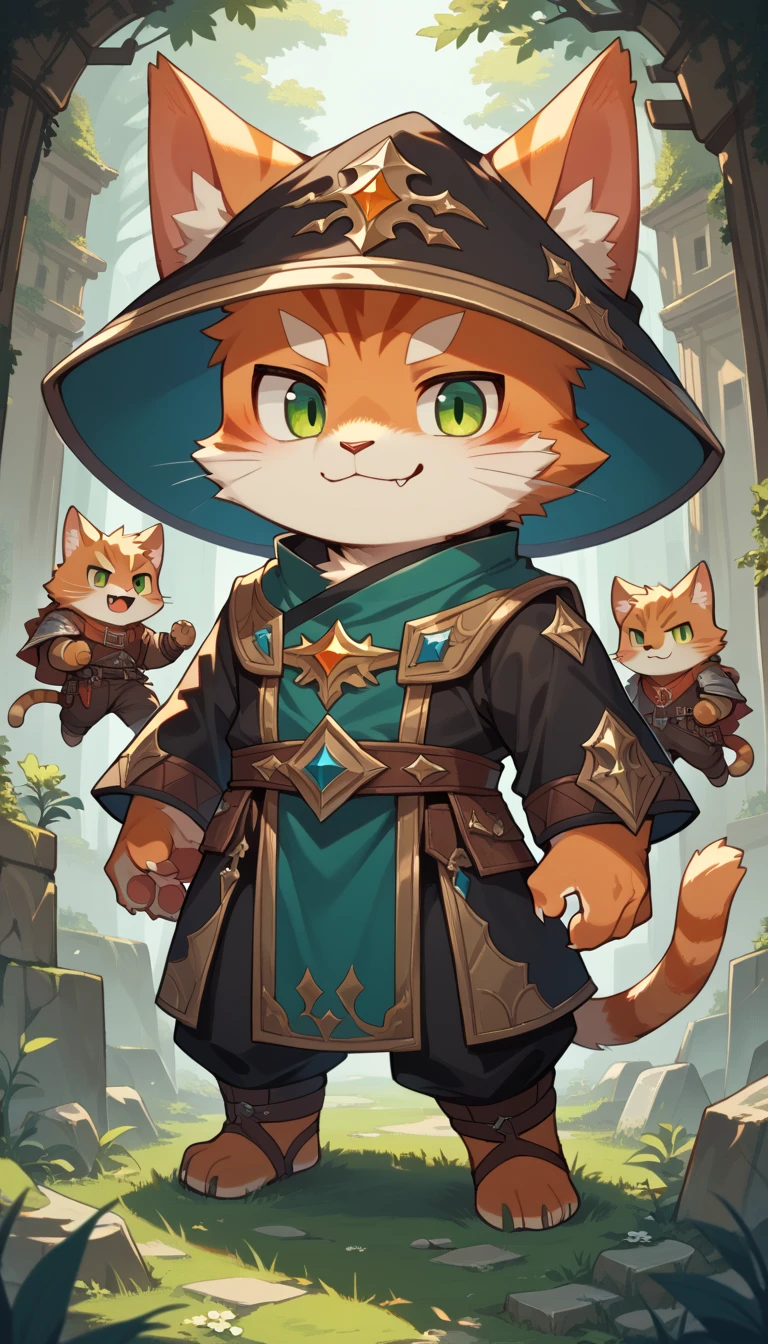 A high resolution,((best quality)), ((masterpiece)), kemono, solo (male orange cat), chibi, fantasy, necromancer, dark robe, green eyes, smile 