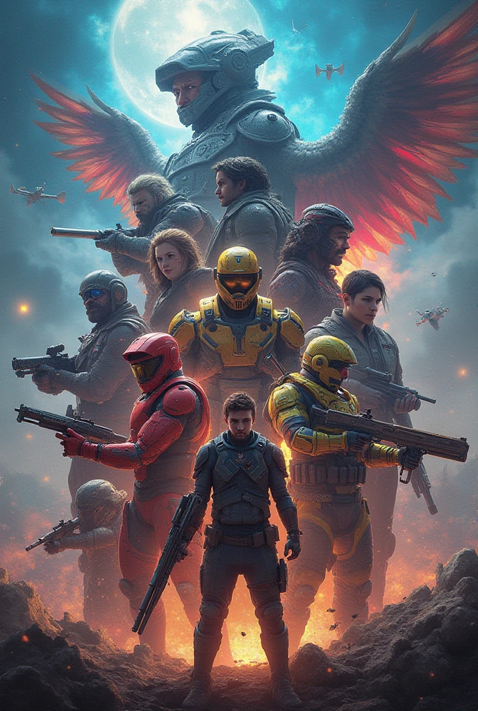army of angel soldiers wearing with weapons,ultra high res ,random, hi res,photoreal,war background,helicopter,boats,  <lora:ChessGame-20:0.4> chsworld, aerial view , blessedtech, blessed, aura,  <lora:BlessedTech-20:0.8> , flying in the sky , wings