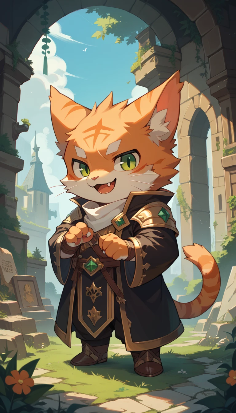 A high resolution,((best quality)), ((masterpiece)), kemono, solo (male orange cat), chibi, fantasy, necromancer, dark robe, green eyes, smile 