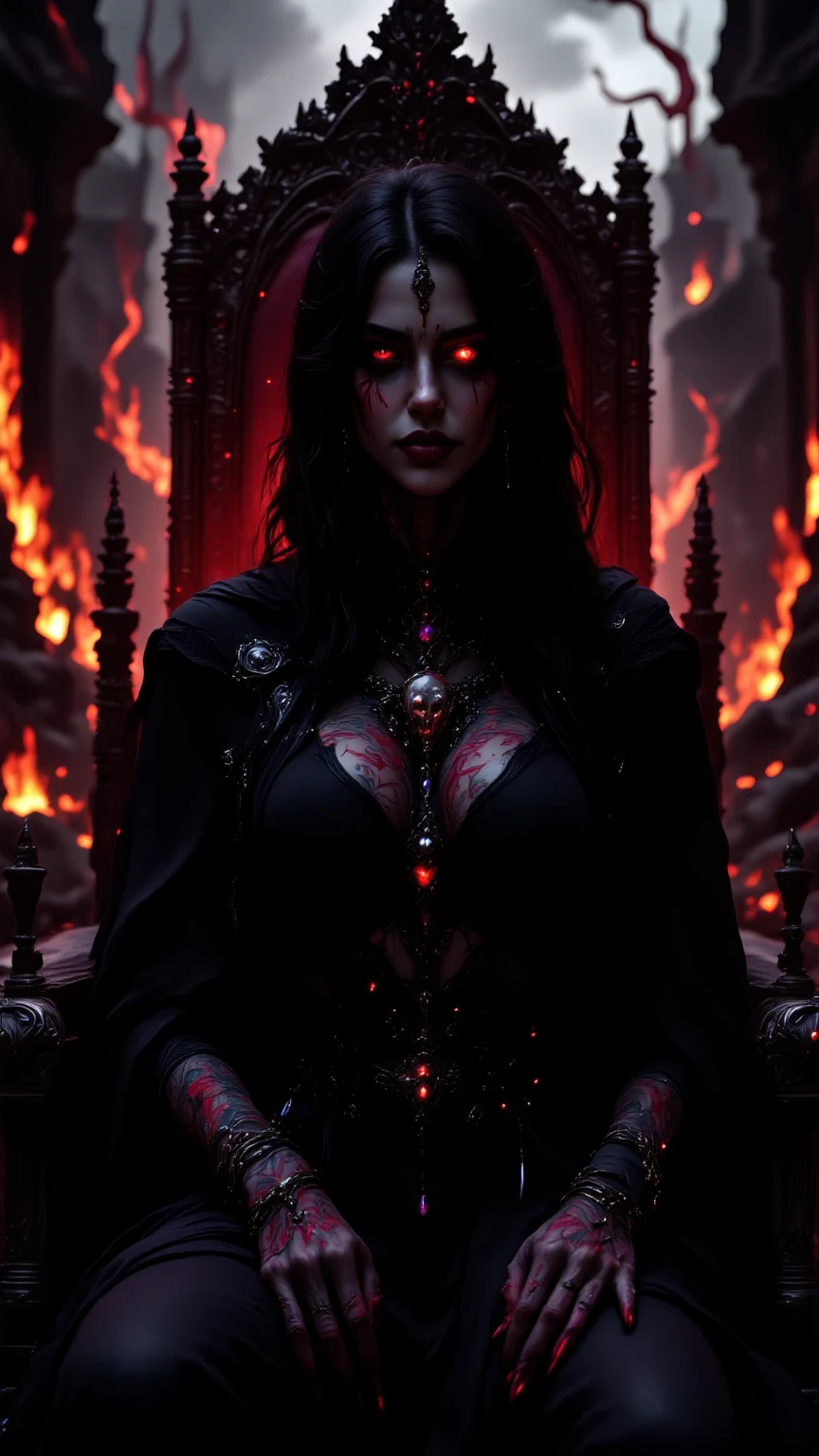 arafed woman in a black dress with a red cape and a candle, portrait of a sorceress, solo , alone , beautiful vampire female queen, beautiful female sorceress, dark fantasy female magician, beautiful sorceress female, evil sorceress, a beautiful sorceress, beautiful sorceress, sorceress woman, in style of dark fantasy art , in a dark mansion room , window in the background , moon seen through window