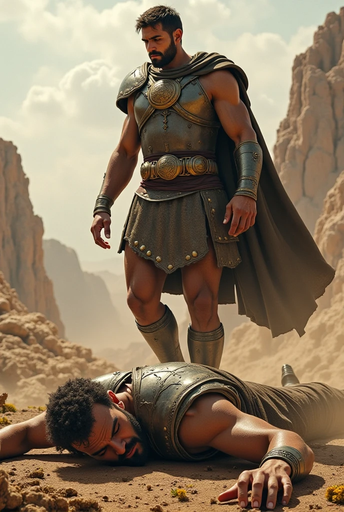 Blond soldier with short hair in ancient Egypt sitting on a pile of many bodies