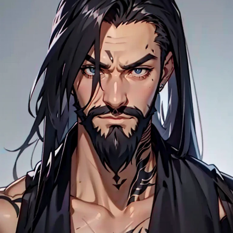 Black-haired warrior with a rustic chain, luva de boxe preta com detalhes dourados, Defined muscles, usando uma camisa preta, tattoo on upper arm, left arm badly bruised and with combat scars, barba rala, Discord icon, retrato, 4k, premiado, pixiv, melhor qualidade