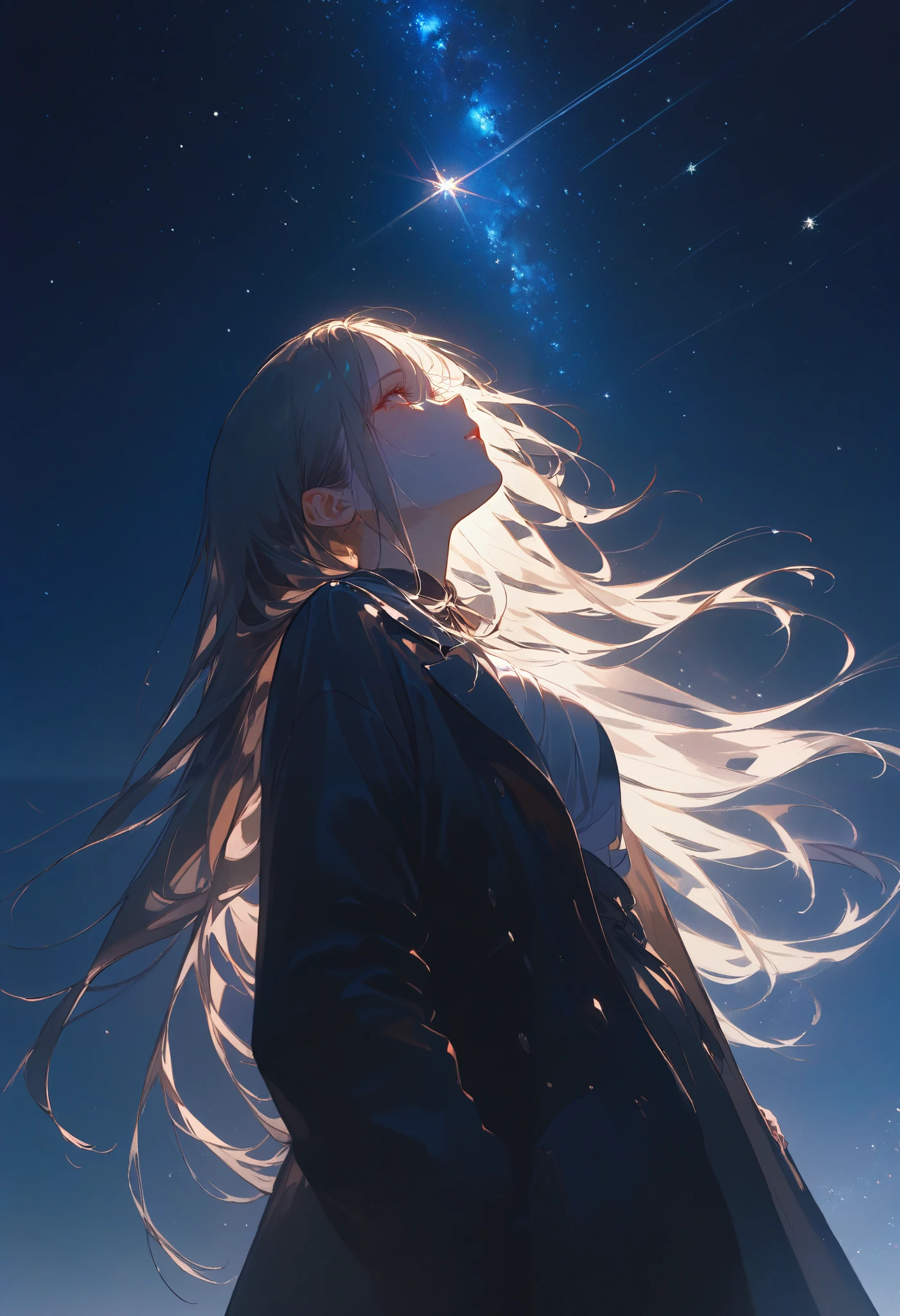 A lot of stars are shining in the winter night sky, Many circular tracks in the long-exposure starry sky , Silhouette of a young woman with long hair plunging her hand into her coat pocket、and looking up, photo taken from a distance, Photo from below