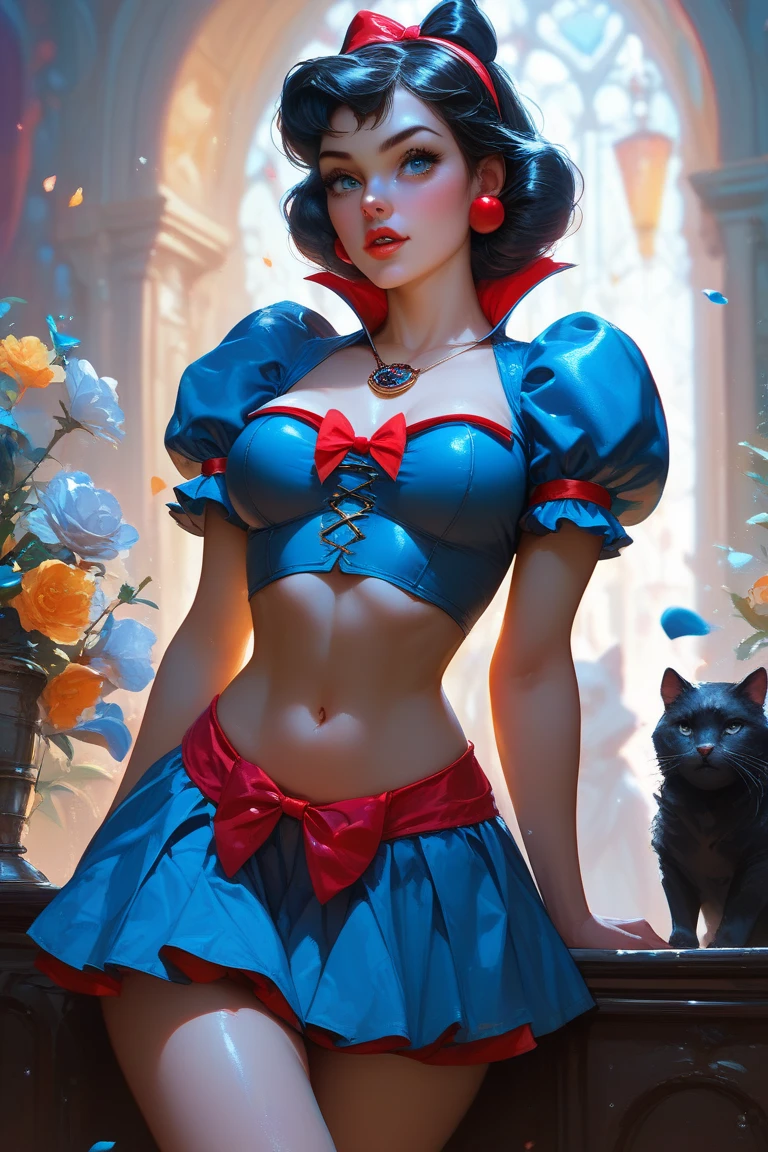 ((Snow white from disney animated movies princesses series))(she has big glowing blue eyes)(bright red lips) ((short hair with bangs))(dark eyeshadows make up)(((very huge breasts))) (perfect slim body)((wears blue tight corset dress with gold ornaments skirt, white stockings)),(earrings, choker, head band)((posing sexy on garden house)) (high definition, dynamic illumination and shadows)((masterpiece))(8k)(perfect face)(best quality) (perfect hands and eyes)