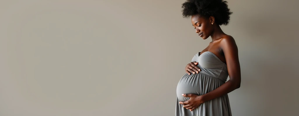 African American lady wearing a fitted cowl neck dress for her maternity shoot