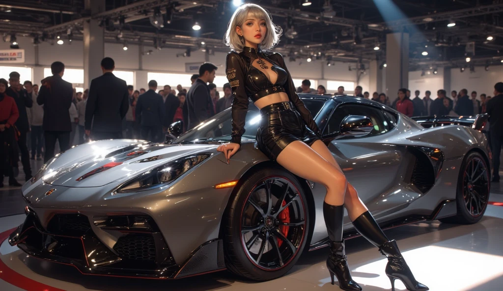 A cute Korean woman, long pink hair, thin body, big ass, erotic black silk, delicate facial features, curly hair, big breasts, sports car in the background, 8k picture quality, sitting, facing the audience,