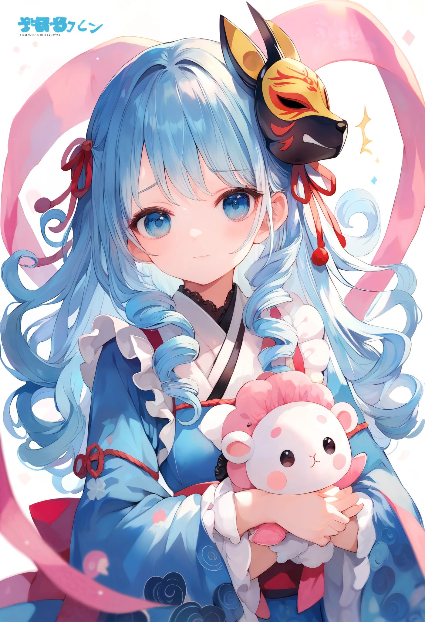 top quality,high definition,Baby Face,Lori
Blue hair,Asymhair ,only the left side hair is long,long hair,Curly hair,Curly hair ,
Blue clothes,ta Outfit,Japanese Style Loli kimono,The skirt is long,Frilly Dress,
 wearing a mask ,Tengu Mask,赤いTengu Mask,
looking at me with an upward gaze,embarrassed face,cover,holding a stuffed sheep
