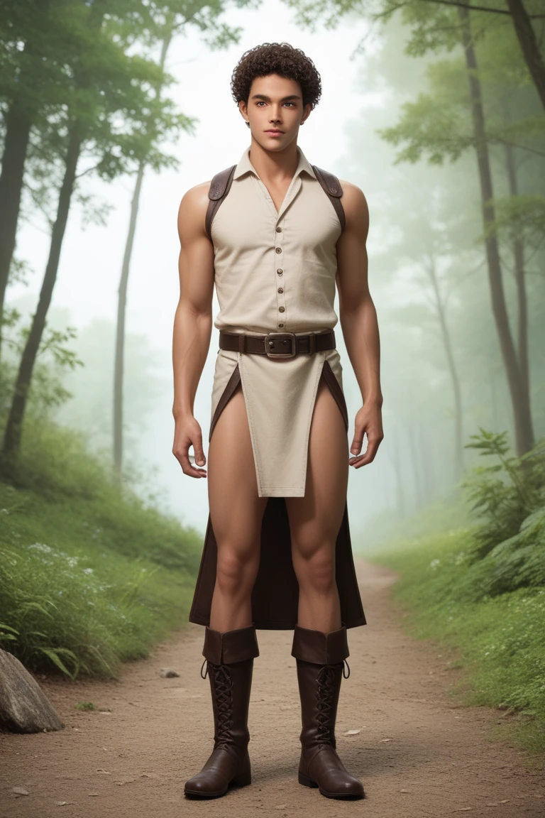 A muscular Korean man is in a wonderland, 20yo, Lleva un rico blanco como la nieve (capa de piel en hombros y espalda) con una pila muy larga, bajo el cual se ve su cuerpo extremadamente musculoso, The emphasis is on the male body. Sobre su cabeza hay un halo rodeado por una nube blanca y una luz sagrada dorada, (Its body is adorned with gold chains with precious stones, Anillos para los dedos), (A heavy belt with a band of gold underwear with sparkling gemstones). entrepierna voluptuosa. Tiene el pelo corto y negro con las sienes afeitadas y grandes ojos verdes expresivos. Un reloj marca a lo lejos. This scene looks like something out of the realm of fantasy or legend seen from above