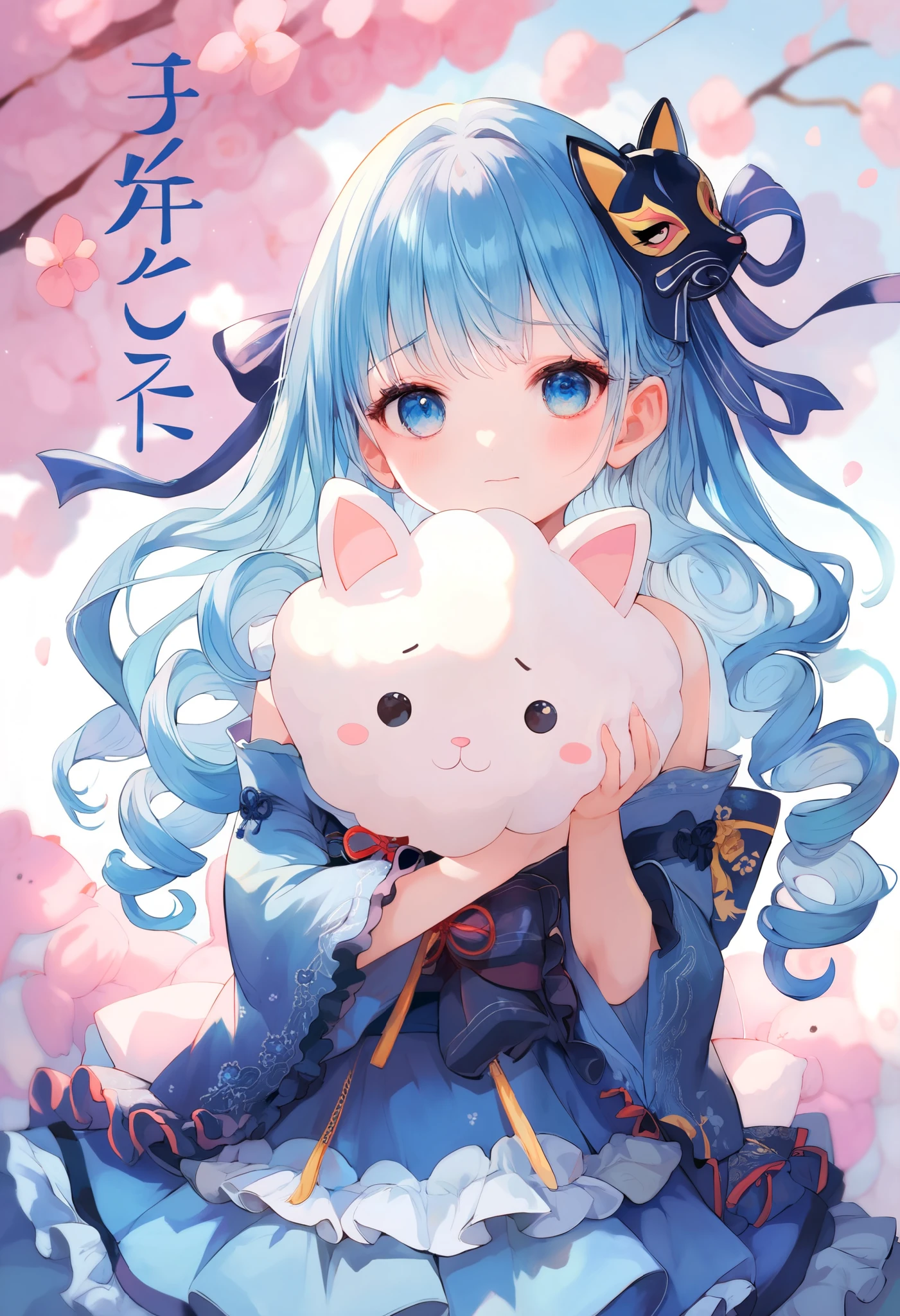 top quality,high definition,Baby Face,Lori
Blue hair,Asymhair ,only the left side hair is long,long hair,Curly hair,Curly hair ,
Blue clothes,ta Outfit,Japanese Style Loli kimono,The skirt is long,Frilly Dress,
wearing a mask ,Tengu Mask,赤いTengu Mask,
looking at me with an upward gaze,embarrassed face,cover,holding a stuffed sheep