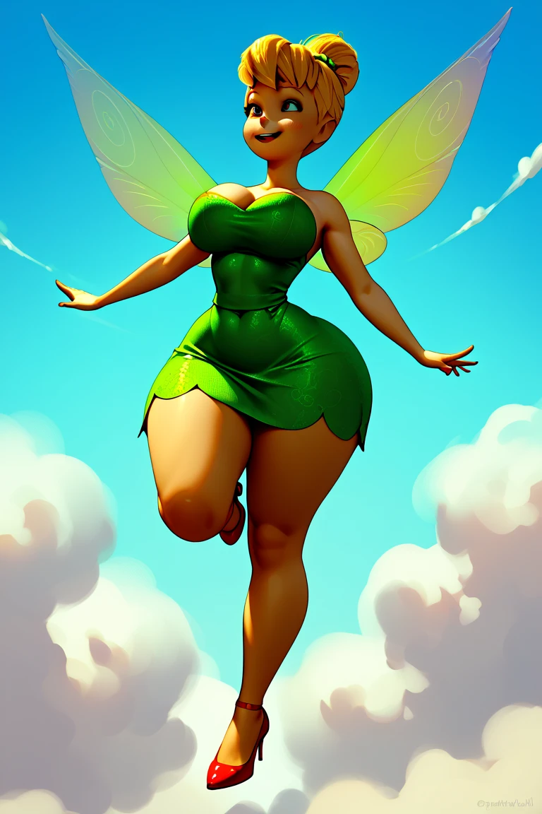 (((Backview))), (masterpiece, top quality, best quality, official art, beautiful and aesthetic:1.2), (1girl:1.3), (Tinkerbell), (Disney), blonde hair, extremely detailed, portrait, ((navel cutout)), (slendered abs:1.4), bravel, fairy from Peter Pan, (Aletta ocean face), (wings protrude from back back muscles), looking at viewer, solo, (full body:0.6), detailed background, close up, blue eyes, (cool castle theme:1.1), (((white skin, fairy wings, shiny skin, (bandaged hand gloves, bandaged fingers), fairy woman, spread out fairy wings, charlatan, sinister smirk, mysterious, shapeshifting in a castle, extremely revealing tube dress, topless dress, long lime green heels, long boots, buckles, straps, pouches, collar, sleeveless, lime green latex, ((((breasts, cleavage, skindentation)))), slim waist, curvy thick hips, long legs, fantasy (castle interior:1.1) background, dark mysterious lighting, shadows, magical atmosphere, dutch angle