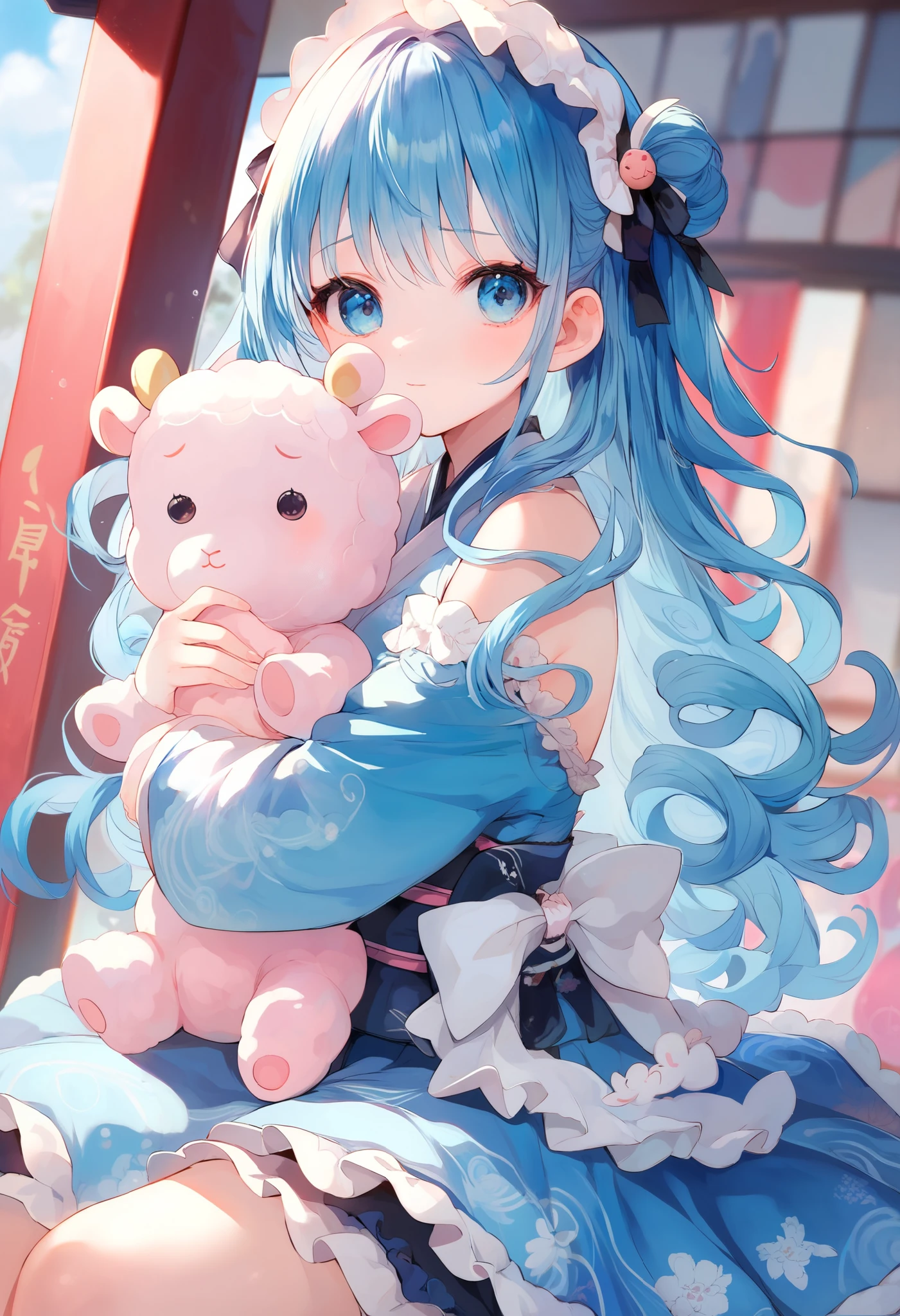 top quality,high definition,Baby Face,Lori
Blue hair,Asymhair ,only the left side hair is long,long hair,Curly hair,Curly hair ,
Blue clothes,ta Outfit,Japanese Style Loli kimono,The skirt is long,Frilly Dress,
wearing a mask ,Tengu Mask,赤いTengu Mask,
looking at me with an upward gaze,embarrassed face,cover,holding a stuffed sheep