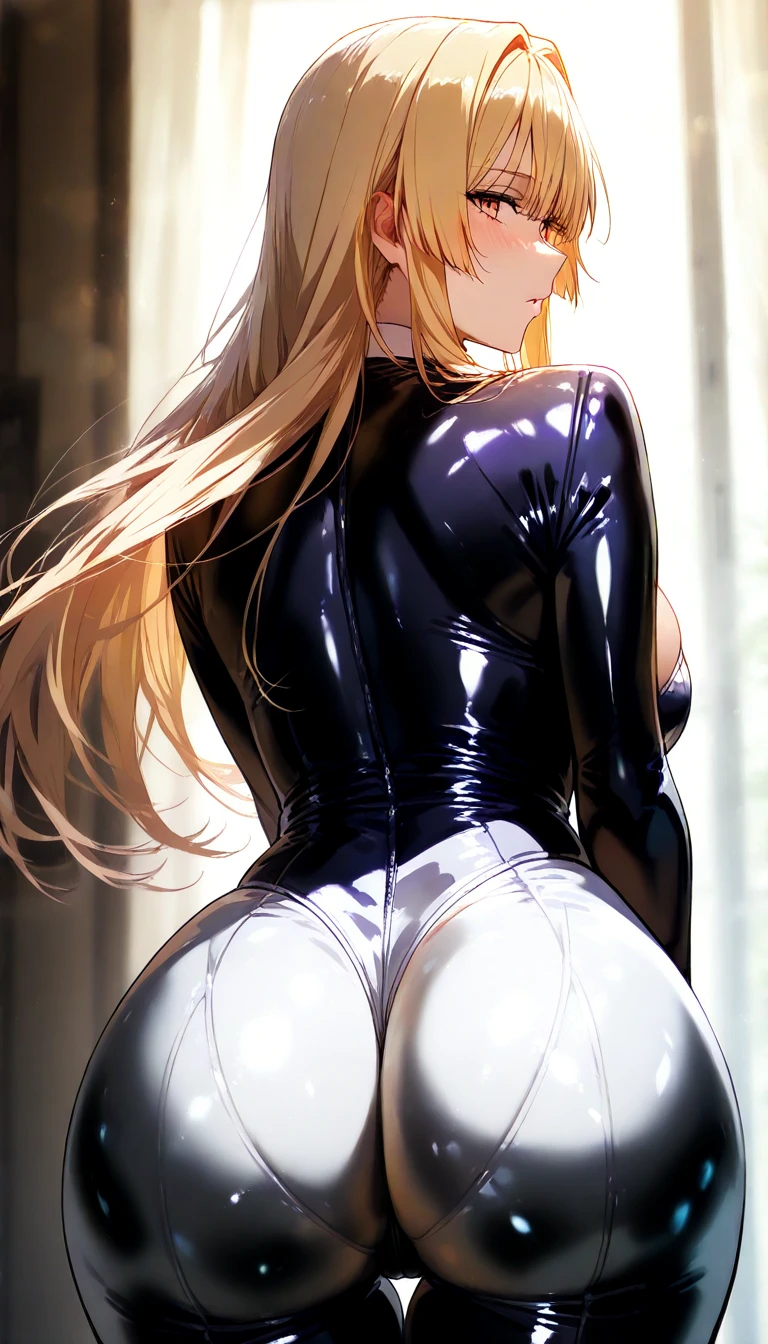 sensual, long blonde hair, thick thighs, 8K, 4K, highest quality, High resolution:1.2), cute anime face, noise reduction, shining blue eyes, gentle smile, Gentle eyes、wearing a headband, White bodysuit、toned abdominal muscles, muscular arms, muscular legs, (((exposed nipples))). , young face, anime chic eyes, Lock,,O-ring,elbow bag,collar,cuffs ,thigh strap,thigh boots, Harness、全身Harness、garter belt、(((Rear view、emphasize the buttocks、T-back that digs into your butt)))、(((big breasts、Breasts that are about to burst)))