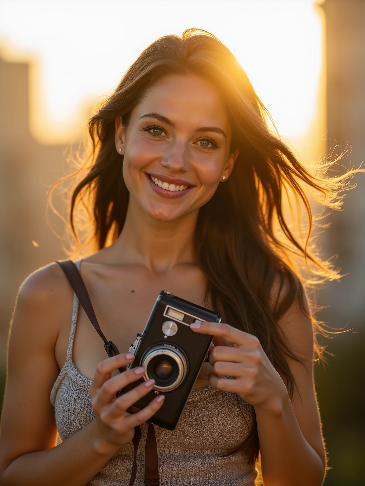 A breathtakingly beautiful woman with piercing blue eyes, holding a vintage Leica camera. 44dd natural perky saggy breast.smirking, She stands in golden-hour light, her hair softly blowing in the wind. The background is a blurred urban cityscape, creating a dreamy bokeh effect. Hyperrealistic, ultra-detailed, cinematic lighting, National Geographic style.