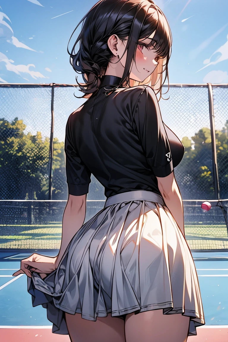 1girll,tennis player,s the perfect face,crisp breasts, Convex buttocks,White sports short sleeves,Short white pleated skirt,White sport socks,White tennis shoes,Wet hair,High ponytail,body soaking wet,Swing the paddle,tennis court,Sunnyday,Clouds, Detailed background, Clothing details, perfectly proportioned, filmgrain, Fuji colors, lightand shade contrast, tmasterpiece, high detal, high qulity, A high resolution, Cinematic lighting, 8K, Textured skin, Super detail