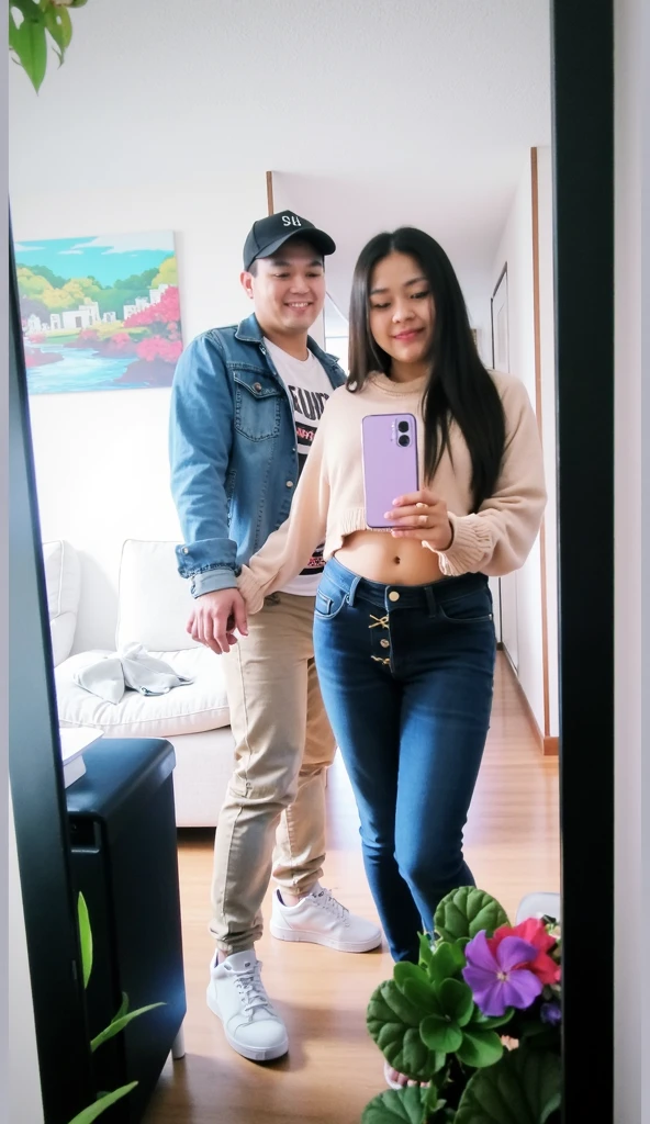 there is a man and a woman taking a selfie in a mirror, very sexy outfit, tight outfit, blue tight tshirt, 2 2 years old, wearing tight shirt, tight shirt, the extremely hot and sexy, 18 years old, full body pictures, 2 4 year old female model, sexy look, 2 3 years old, full body picture, 21 years old