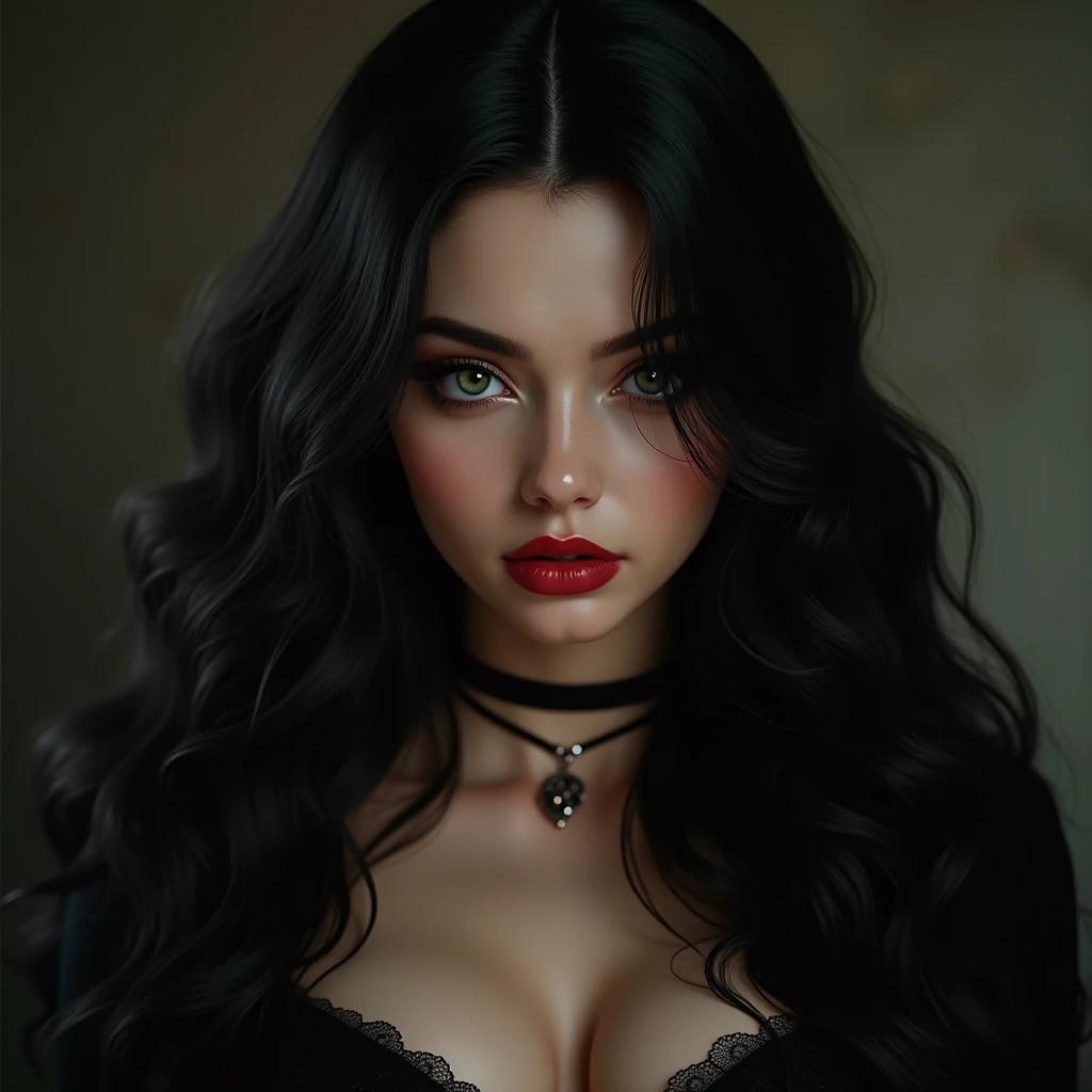detailed portrait of a femme fatale, long flowing hair, realistic, (best quality,4k,8k,highres,masterpiece:1.2),ultra-detailed,(realistic,photorealistic,photo-realistic:1.37), digital painting, dramatic lighting, deep red lipstick, mysterious expression, dramatic chiaroscuro, cinematic composition
