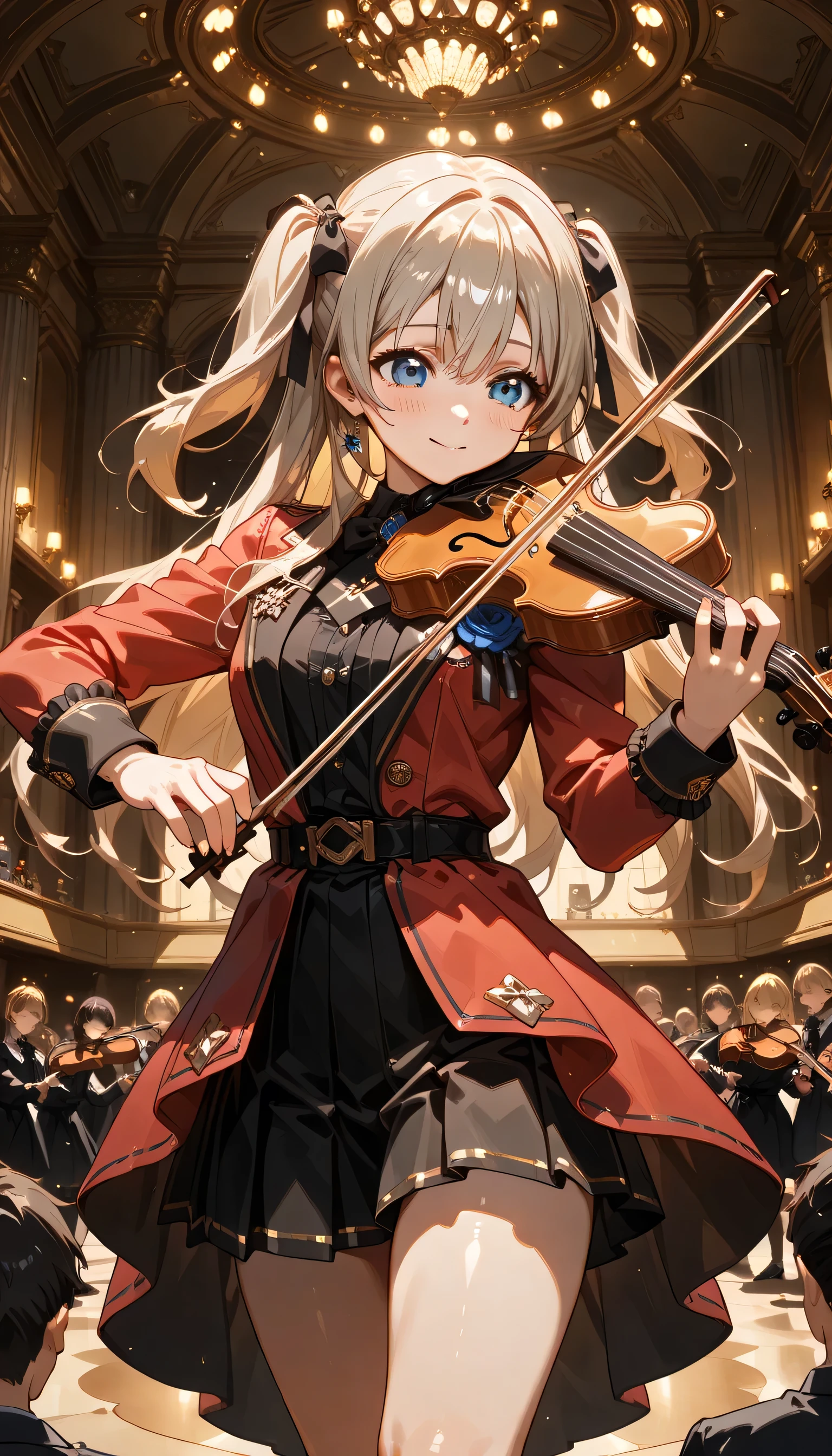 ((ultra-detailed)), (highly detailed CG illustration), (best quality:1.2), ultra-highly detailed, colorful composition, artistic photoshoot, 1girl, solo focus, ((thigh to top:1.4)), ((cowboy shot:1.4)), moe anime character, age girl, dainty facial structure, (baby face), (round face), ((rounded chin:1.2)), ((ideal ratio body proportions)), celia-default, celia claire, (blue eyes), sparkle eyes, blonde hair color, two side up, (hair ribbon with red), ((play the violin)), ((ultra-detailed violin)), ((best quality violin)), hold a bow in hand, ample breasts, ((red semi formal dress with gold decorations)), from front, expecting, pink cheek, blush, light pink gloss slip, petals glowing and fluttering, best quality, masterpiece, standing in the classical concert hall, orchestra, String players, portrait, dynamic pose, depth of field, soft lighting, sidelighting, (shine), lighting, caustics, ray tracing, smile, perfect face, lustrous skin, highly detailed face, highly detailed eyes, perfect face, perfect nose, perfect hair, perfect eyes, perfect anatomy, beautiful hair, beautiful small face, extremely detailed face, beautiful detailed eyes, beautiful clavicle, beautiful body, beautiful ample breasts, leavage, breasts squeezed together, equalize the size of the left and right breasts, beautiful thin thighs, beautiful legs, beautiful fingers, 4 fingers, 1 thumb, lovely, (very detailed background:1.0), (highly detailed background:1.0), spring aesthetic, intricate details, enjoy the performance atmosphere, spring colors palette, chromatic aberration