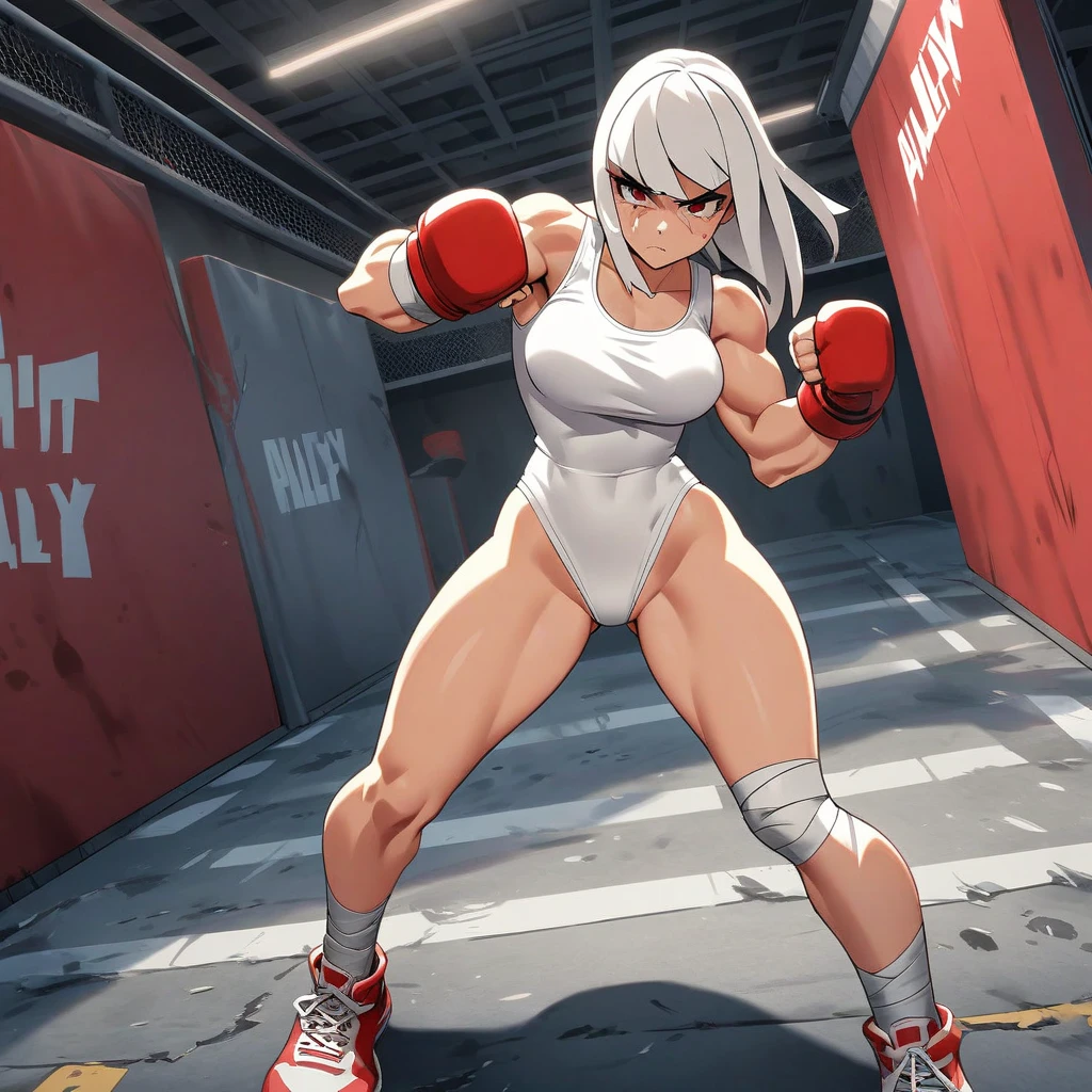 masterpiece, super high quality, Beautiful details, Very detailed,16K, Exquisite, 腹logicurdity, High resolution, Beautiful background, Beautiful Eyes, Beautiful Skin, Anime Style, 1 Female,alone, From above,
Cheddar Team, trapezius logic, 三角logic, forearm logics, 腹logic, oblique logic, The widest back, Hamstring, logic, Orange eyes, Gray Hair, Shorn bangs,:1.1 Ponytail, fluttering hair, Wild Hair, anger, Attack pose:1.2, A pulsating sensation, Speed, Boxing gloves, Play sports frequently, Huge chest that hangs heavily:1.2, Elastic breasts, Cleavage, Sweat, Wet, ボクシングのringの背景, indoor, ring, light up