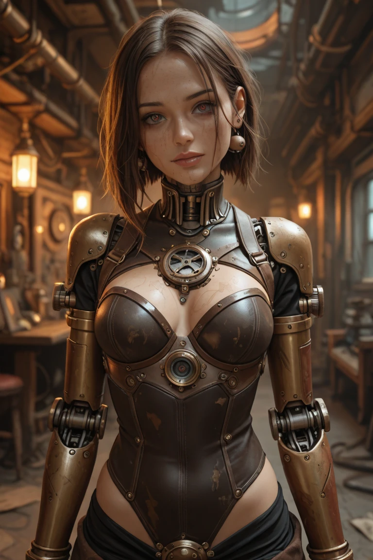 Smiling 1girl with bionic arms in steampunk fashion, captured in ultra high resolution with photorealistic and beautiful lighting. This masterpiece is of the best quality and is set against a zentangle abstract background (weighted at 1.4).