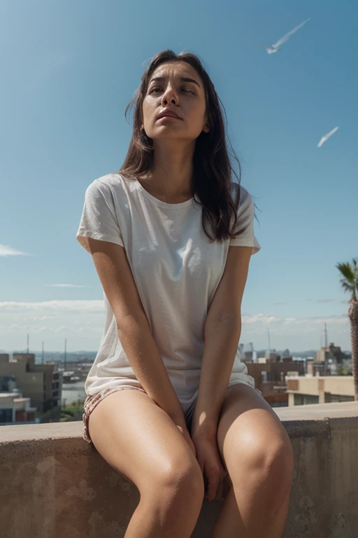 The sky is deep blue with some cumulus white and gray clouds that anticipate a summer storm.
Encuadrada en 2/3 hay una mujer esbelta, de pie con las piernas separadas y las manos en la cintura, con un vestido basico de verano muy corto y ligero, movido por la suave brisa, tras el que se transparenta el contorno a contraluz de su figura