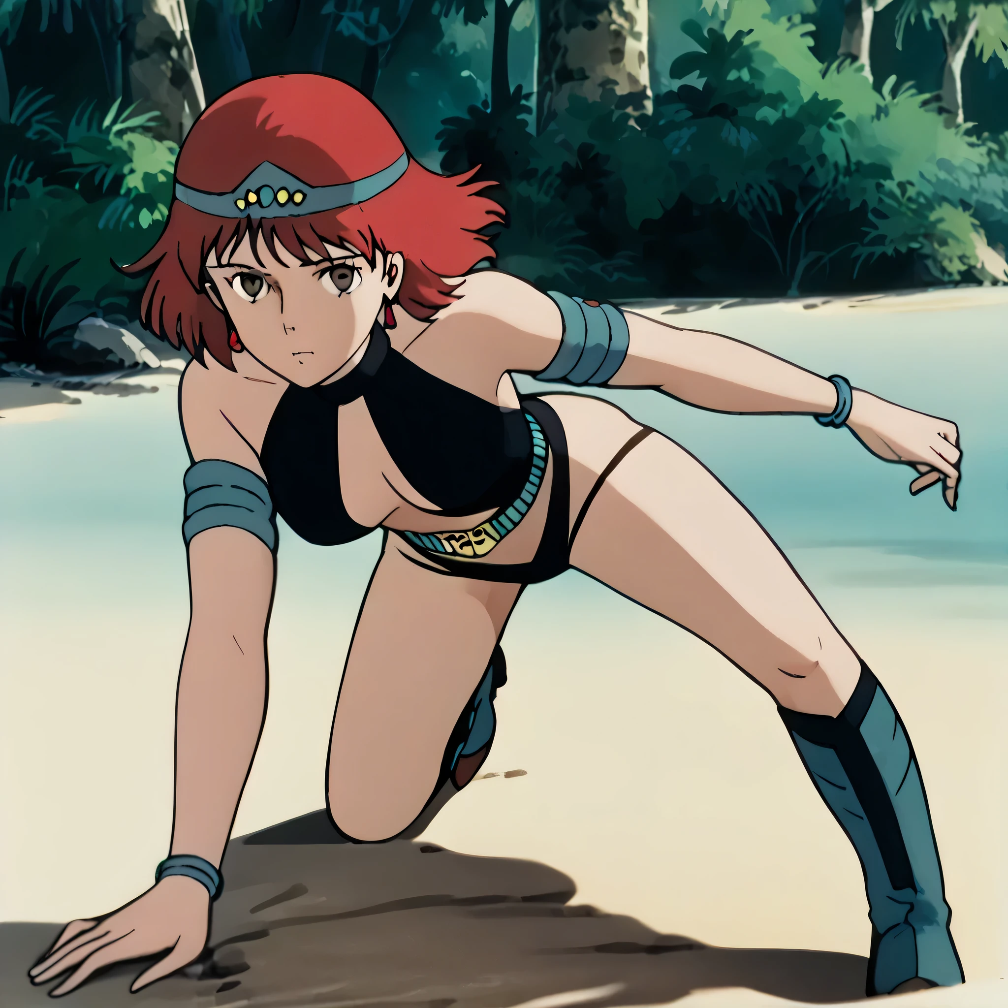 (((Masterpiece))), (((Best Quality))), ((Super Detail)), ultra-High resolution, score_9,score_8_up,score_7_up,score_6_up,score_5_up,score_4_up, BREAK, source_anime, anime screencap, uncensored, rating_explicit, Masterpiece, (best shadow), (absurdres), (detailed background), (very aesthetic), shiny, detailed beautiful eyes, outstanding, countershading, detailed soft lighting, an exquisite animation illustration, curvy, dark persona, empty eyes, expressionless, blank eyes, looking at viewer, full body, emotionless, Fighting Stance, horizontal pupils, (((black leotard, clothing cutout))), high heel boots, knee boots, circlet, armlet, bracelet, belt, halterneck, (((solo, 1girl))), hair ornament, seductive pose, submissive pose, medium breast, retro, retro artstyle, Nausicaa, BROWN HAIR, red hair, MEDIUM HAIR, BROWN EYES, earrings, forest background, jungle background, all fours, crawl, crawling